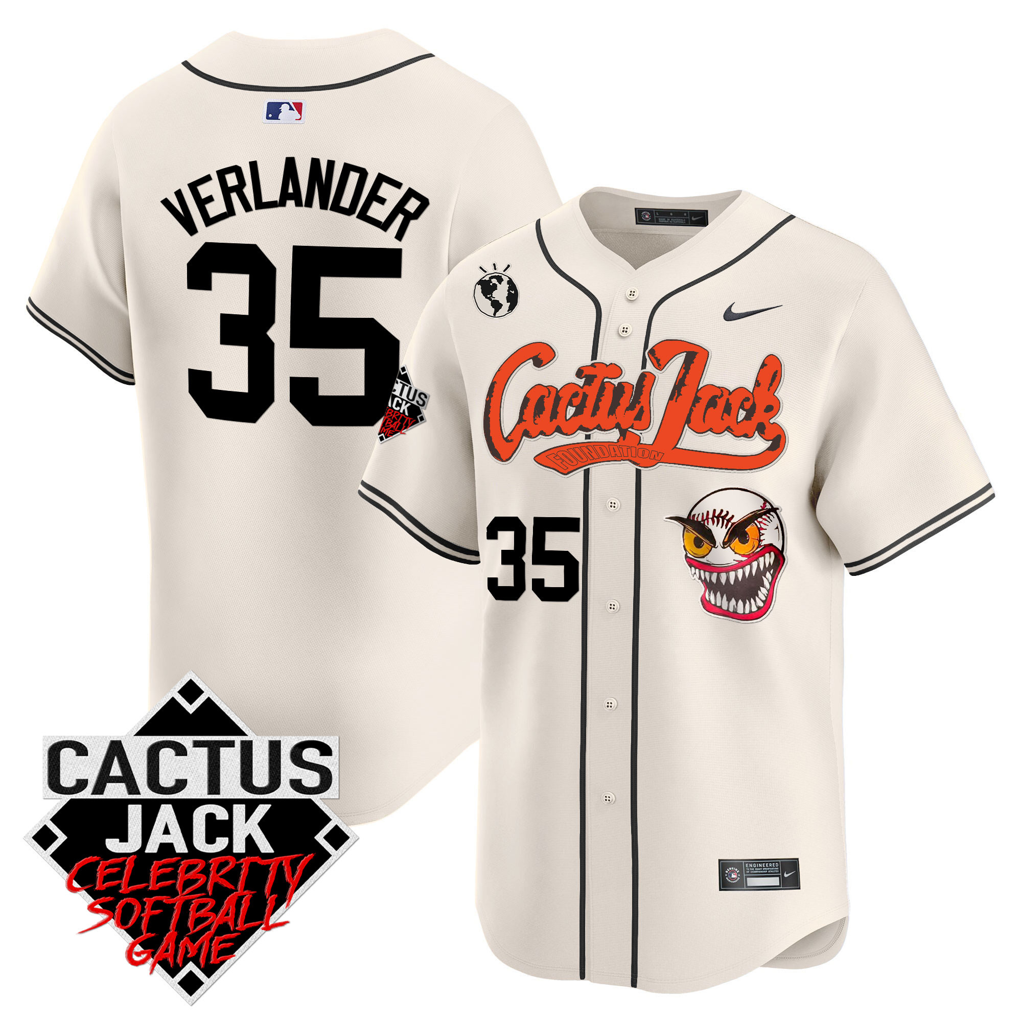 Justin Verlander Men's Houston Astros Cactus Jack Celebrity Softball Game Patch Vapor Premier Limited Cream Jersey - All Stitched