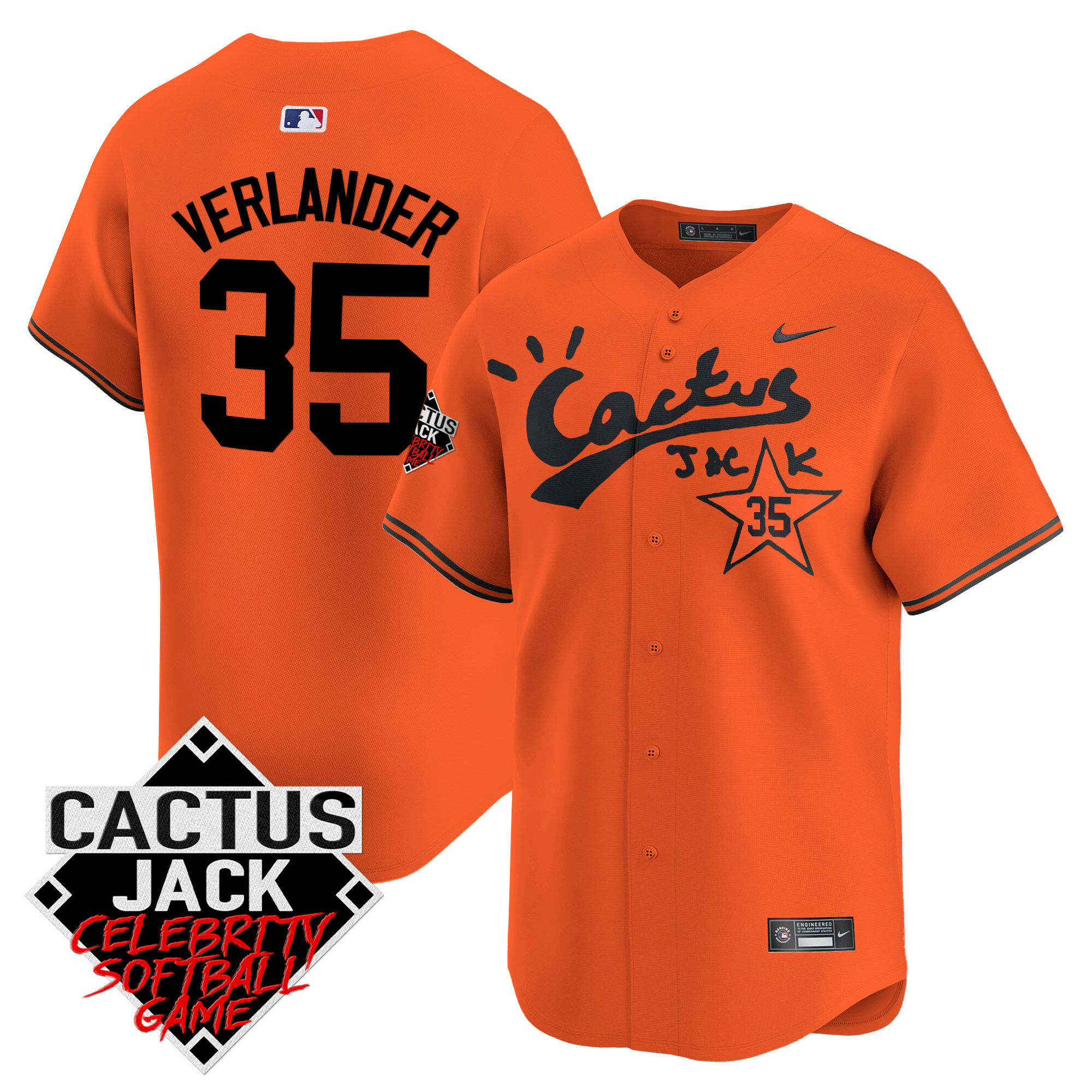 Justin Verlander Men's Houston Astros Cactus Jack Celebrity Softball Game Patch Vapor Premier Limited V2 Orange Jersey - All Stitched