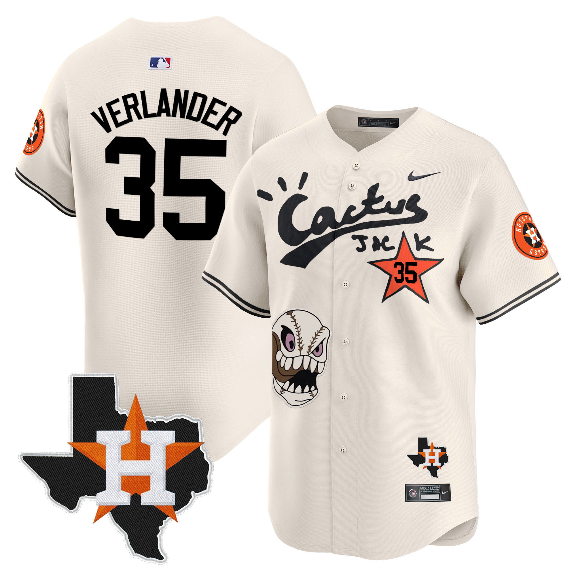 Justin Verlander Men's Houston Astros Cactus Jack Patch Vapor Premier Limited Cream Jersey - All Stitched