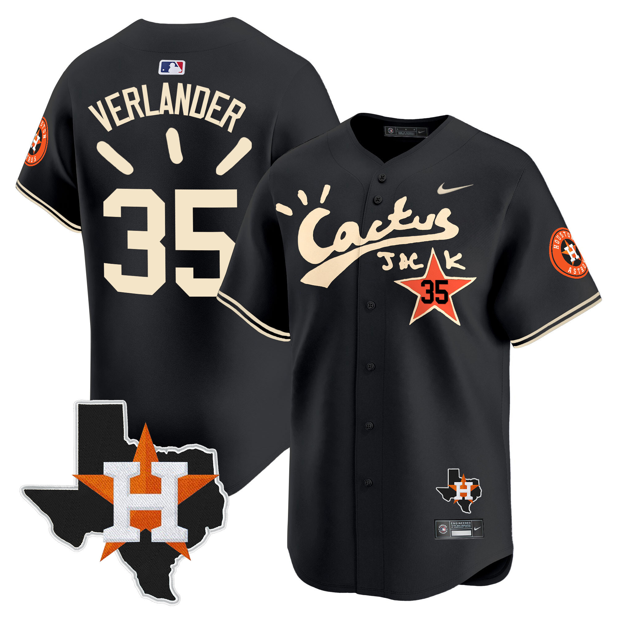 Justin Verlander Men's Houston Astros Cactus Jack Patch Vapor Premier Limited V10 Black Jersey - All Stitched