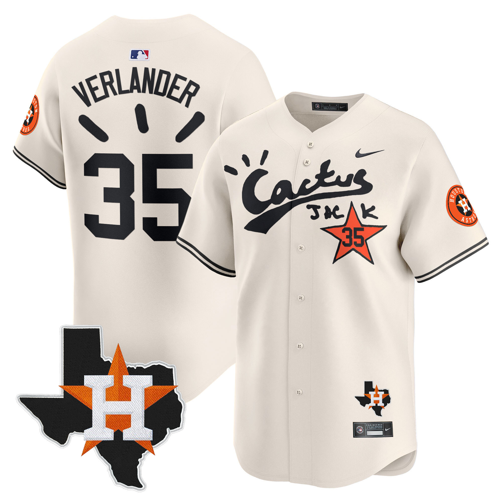 Justin Verlander Men's Houston Astros Cactus Jack Patch Vapor Premier Limited V10 Cream Jersey - All Stitched