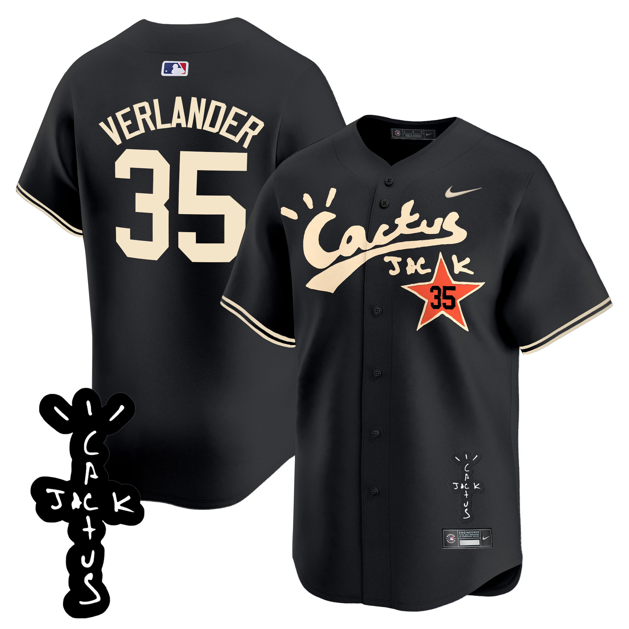 Justin Verlander Men's Houston Astros Cactus Jack Patch Vapor Premier Limited V2 Black Jersey - All Stitched