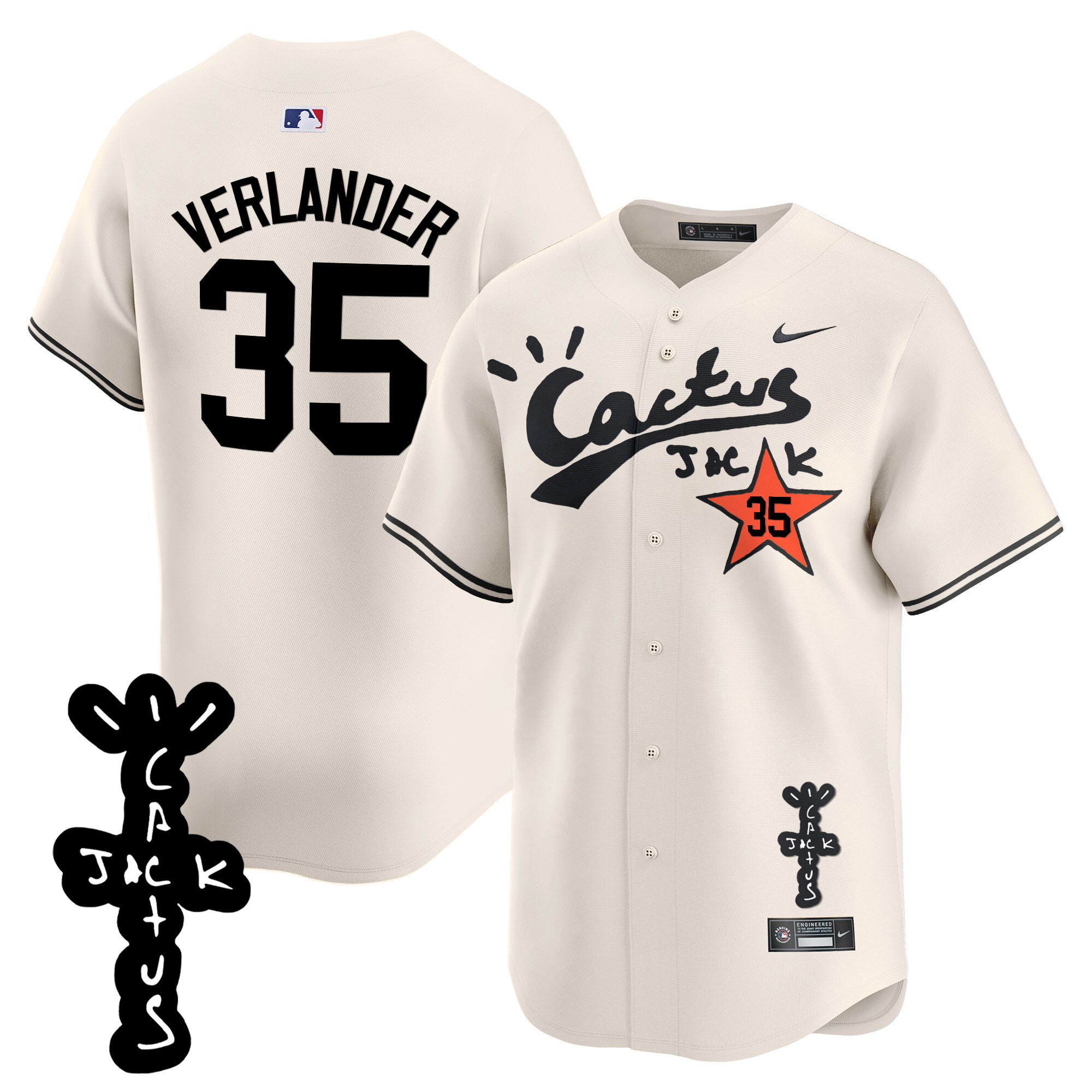 Justin Verlander Men's Houston Astros Cactus Jack Patch Vapor Premier Limited V2 Cream Jersey - All Stitched
