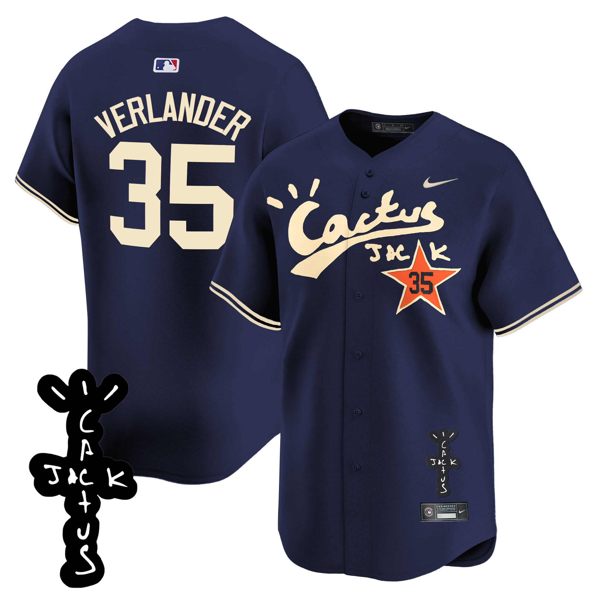 Justin Verlander Men's Houston Astros Cactus Jack Patch Vapor Premier Limited V2 Navy Jersey - All Stitched