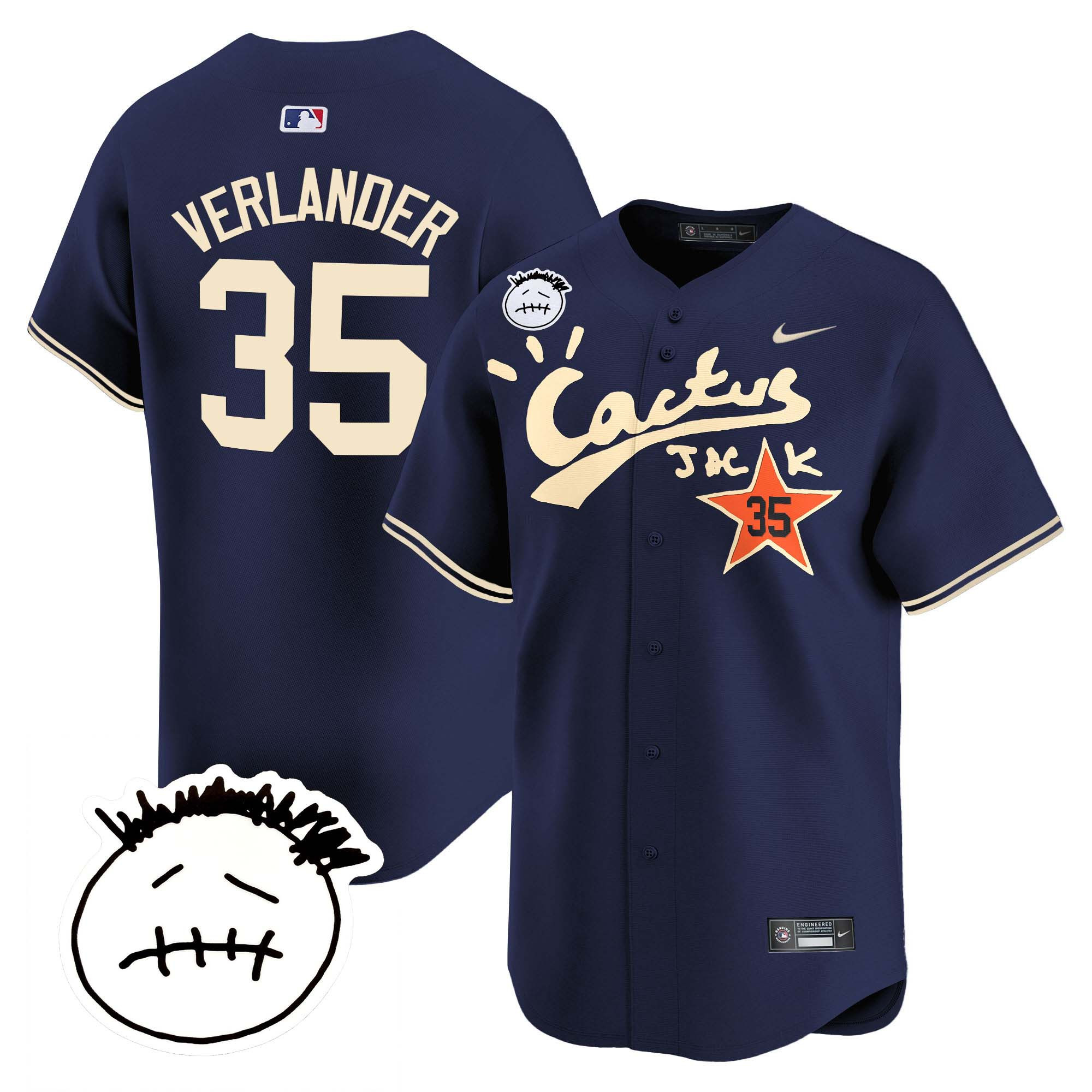 Justin Verlander Men's Houston Astros Cactus Jack Patch Vapor Premier Limited V5 Navy Jersey - All Stitched