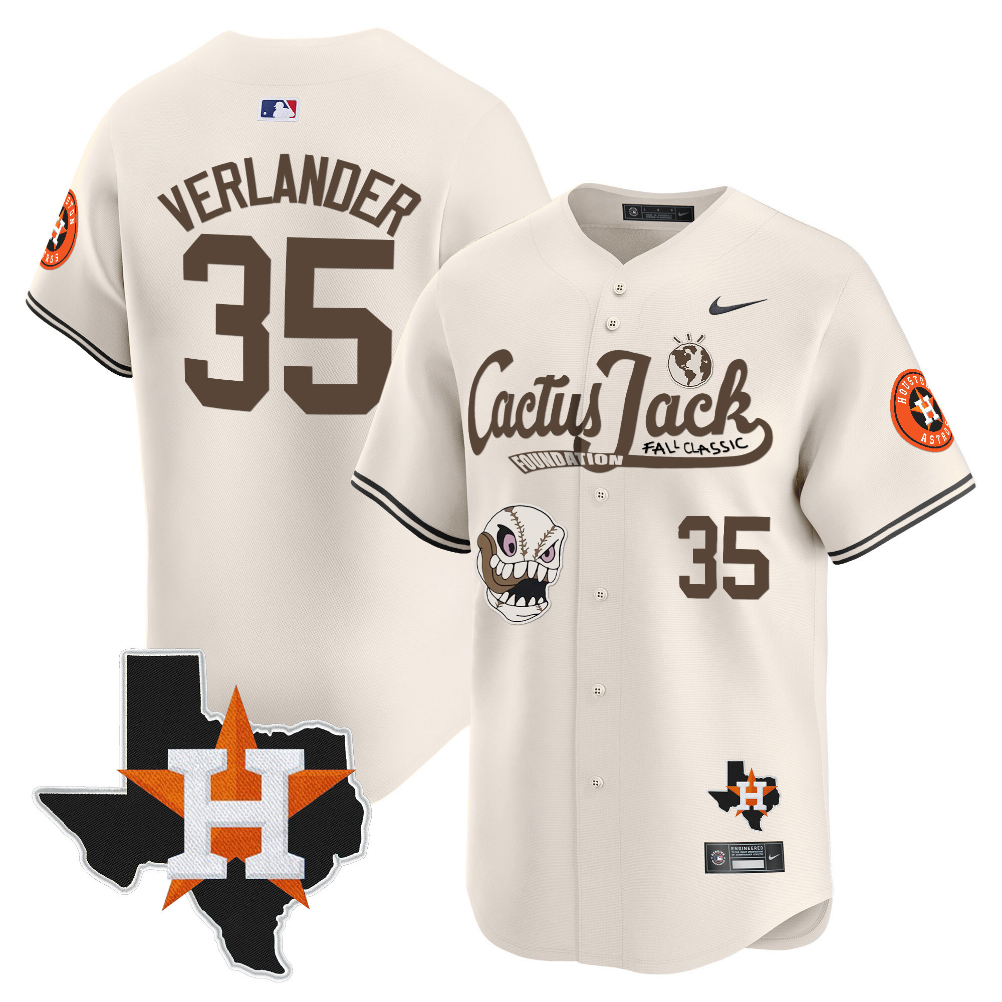 Justin Verlander Men's Houston Astros Cactus Jack Patch Vapor Premier Limited V8 Cream Jersey - All Stitched