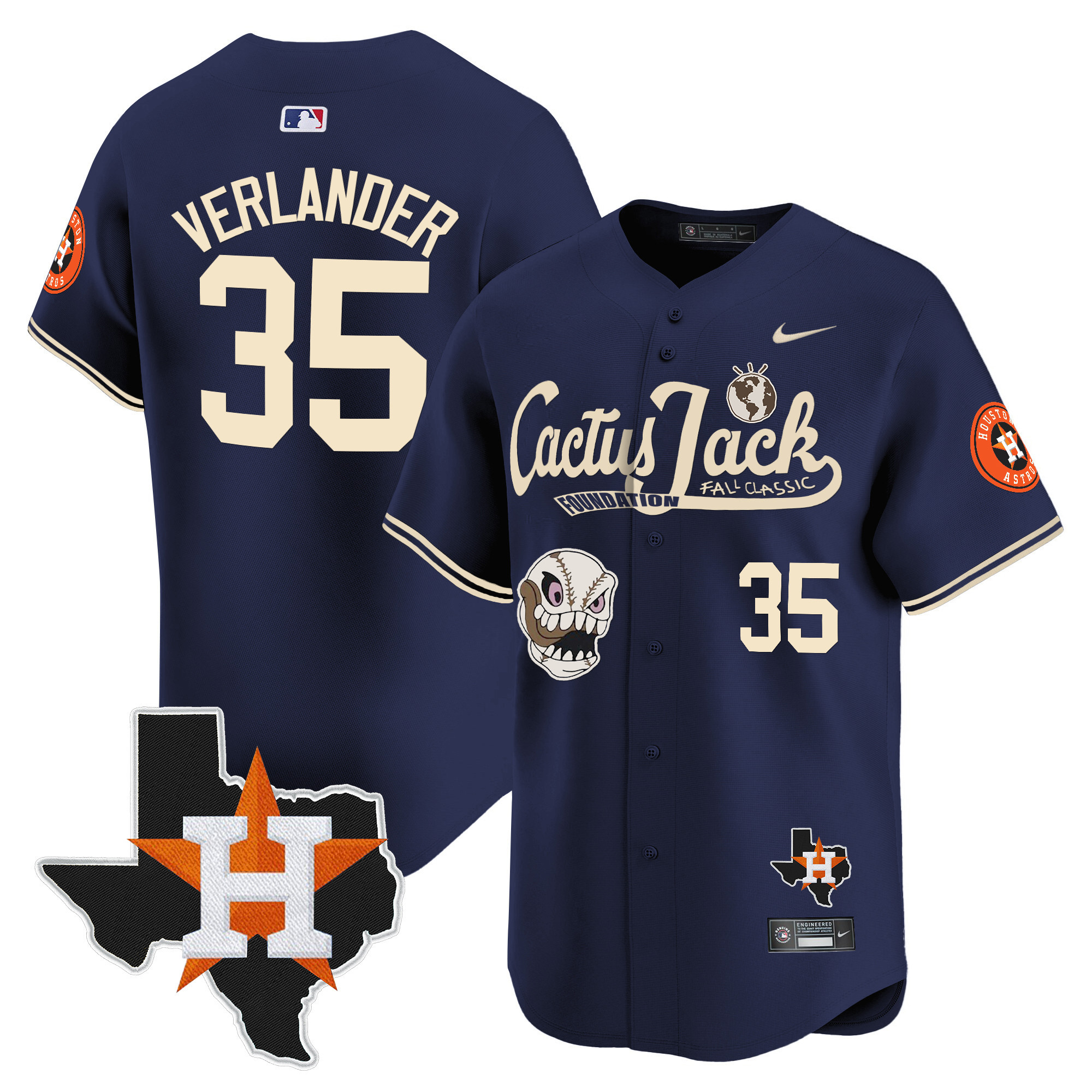 Justin Verlander Men's Houston Astros Cactus Jack Patch Vapor Premier Limited V8 Navy Jersey - All Stitched