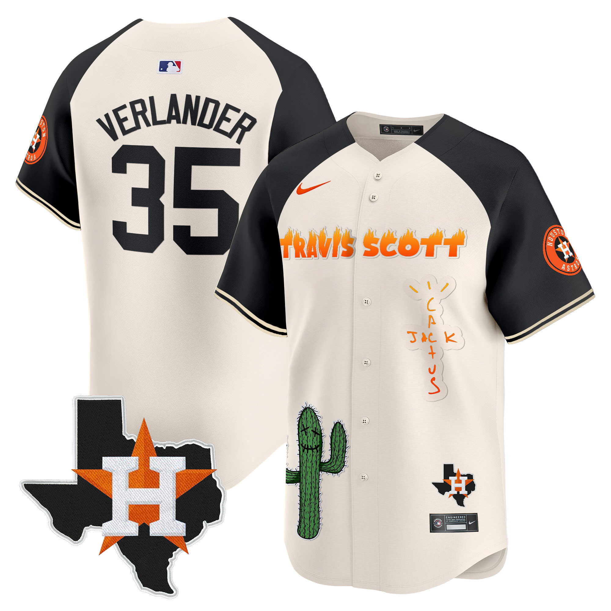 Justin Verlander Men's Houston Astros Cactus Jack Patch Vapor Premier Limited V9 Cream Alternate Jersey - All Stitched