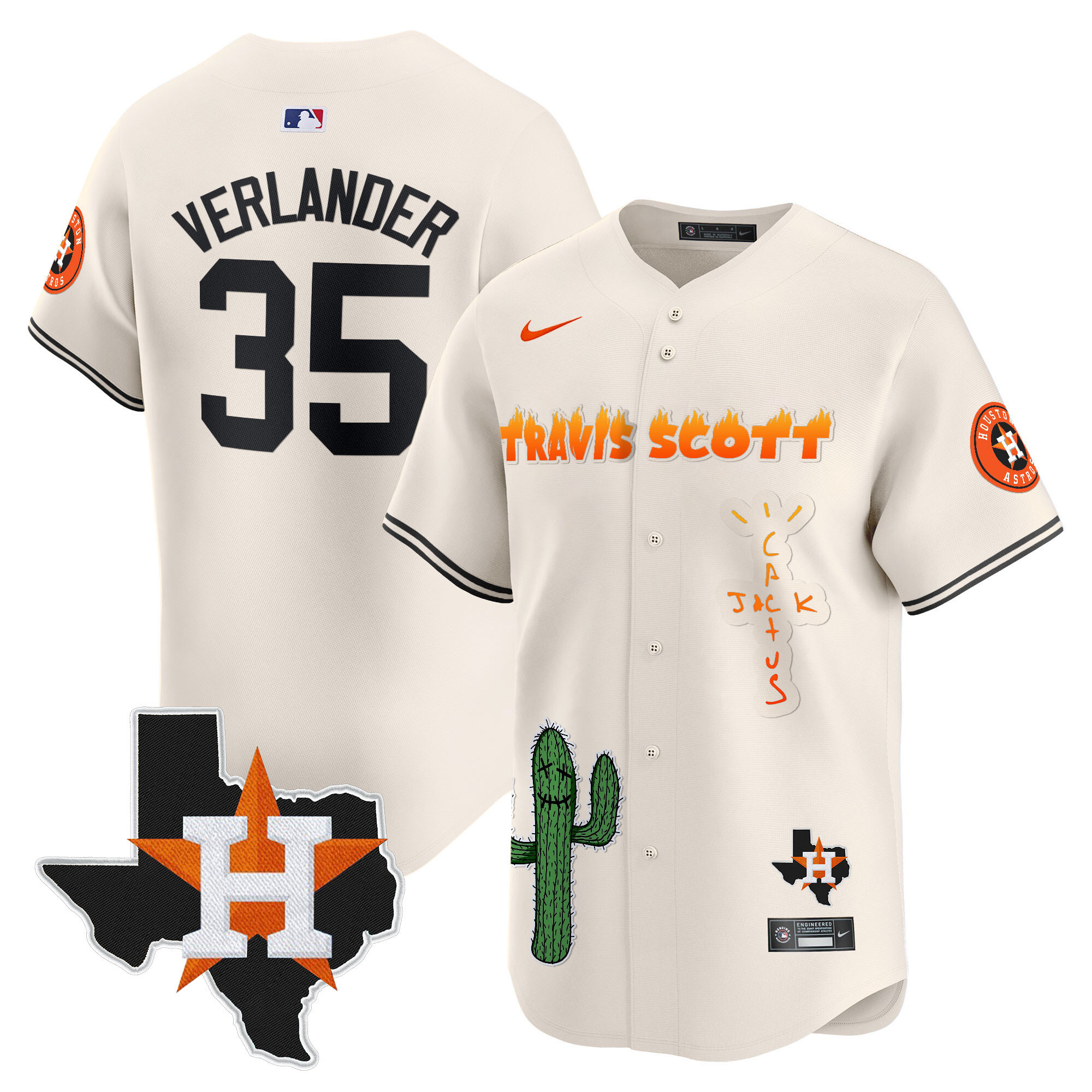 Justin Verlander Men's Houston Astros Cactus Jack Patch Vapor Premier Limited V9 Cream Jersey - All Stitched