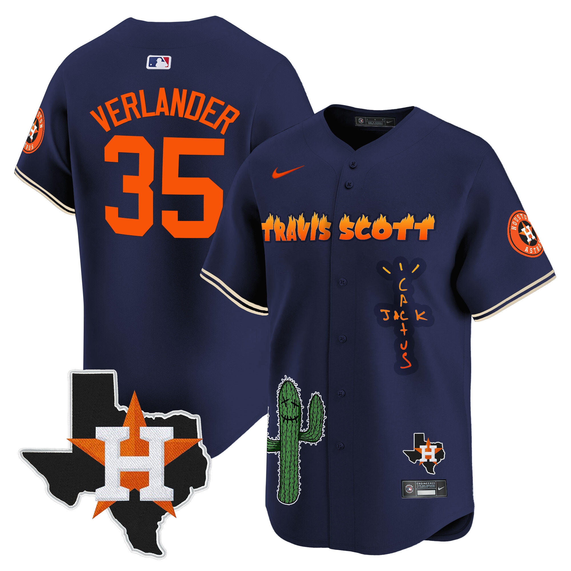 Justin Verlander Men's Houston Astros Cactus Jack Patch Vapor Premier Limited V9 Navy Jersey - All Stitched