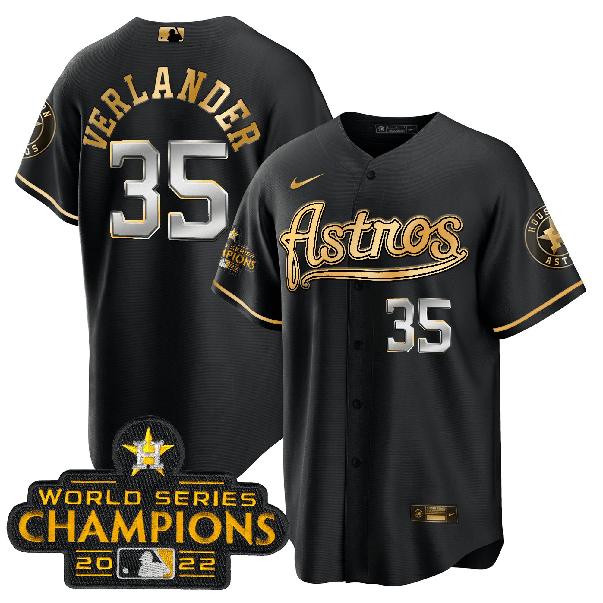 Justin Verlander Men's Houston Astros Champions & Throwback Patch Gold V2 Cool Black Jersey - All Stitched