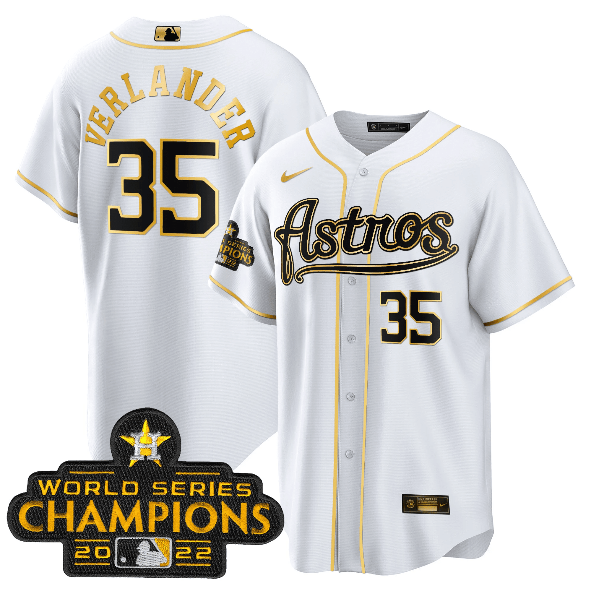 Justin Verlander Men's Houston Astros Champions & Throwback Patch Gold V2 Cool White Jersey - All Stitched