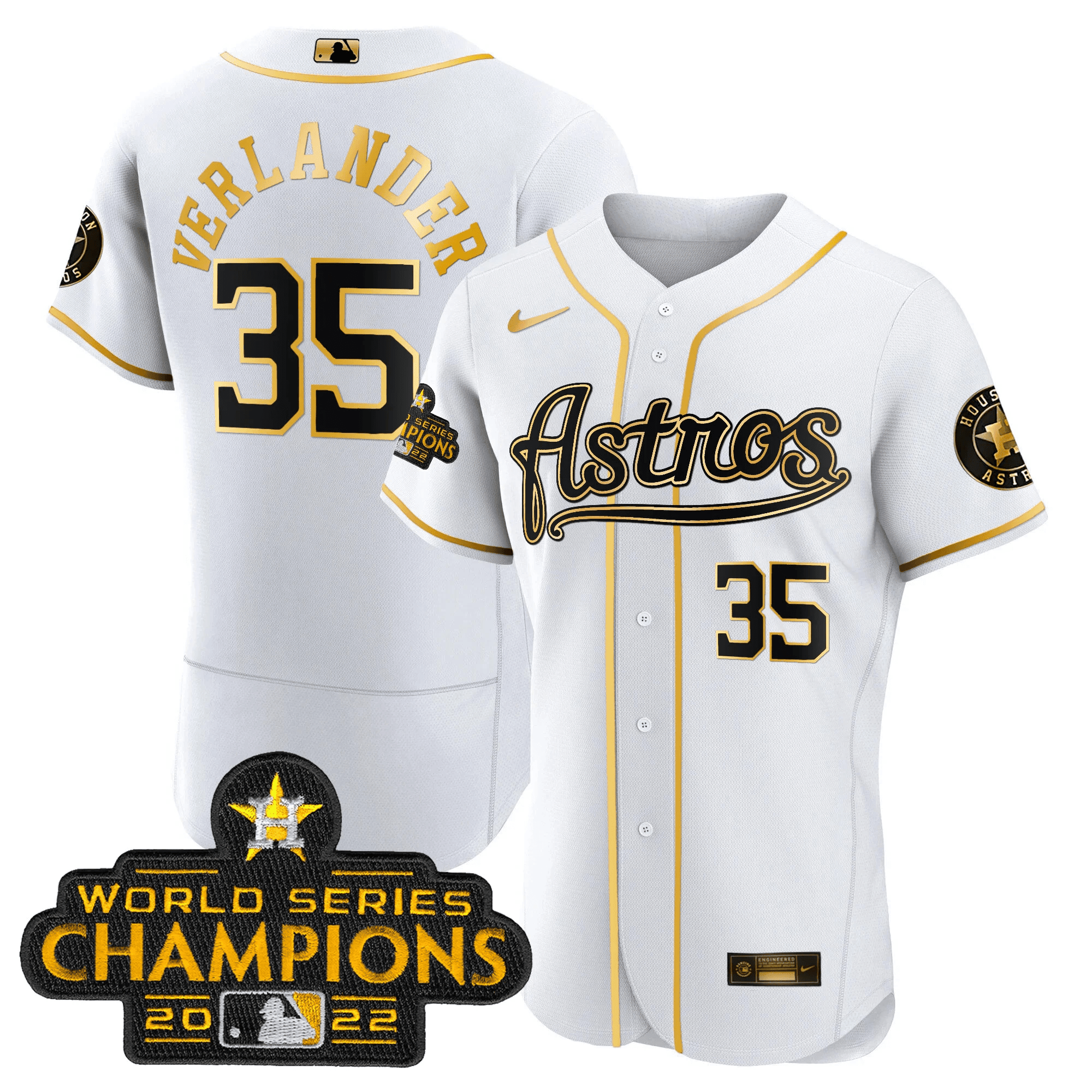Justin Verlander Men's Houston Astros Champions & Throwback Patch Gold V2 Flex White Jersey - All Stitched