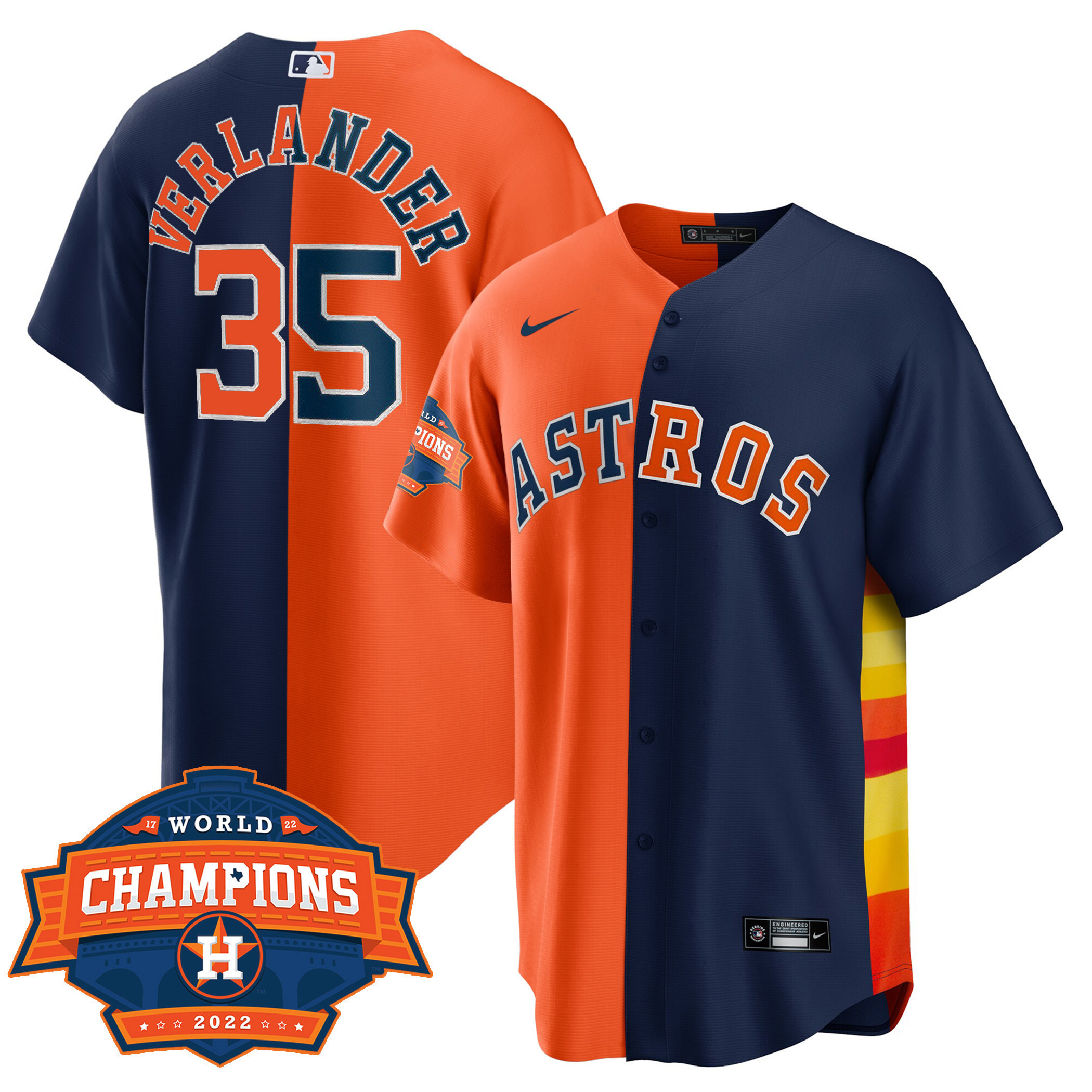 Justin Verlander Men's Houston Astros Cool Base Split 2022 Champions Limited Player Orange Navy Jersey - All Stitched