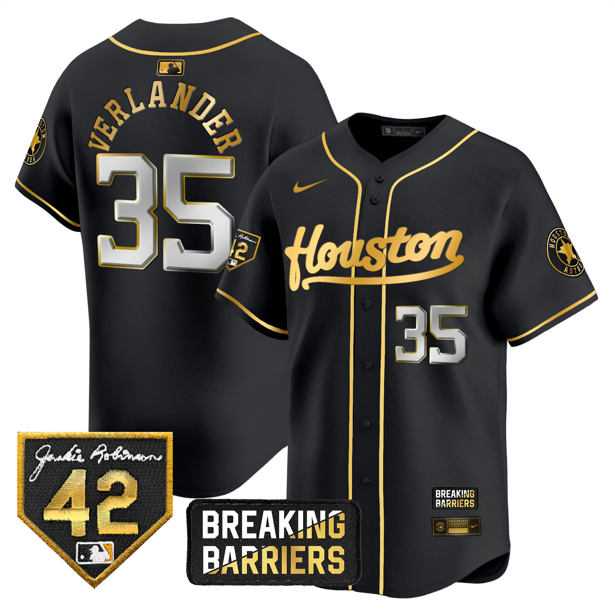 Justin Verlander Men's Houston Astros Jackie Robinson Breaking Barriers Patch Vapor Premier Limited Black Gold Jersey - All Stitched