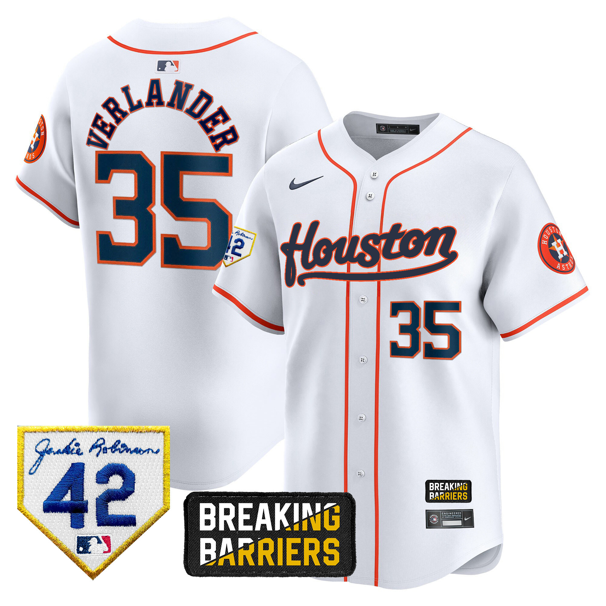 Justin Verlander Men's Houston Astros Jackie Robinson Breaking Barriers Patch Vapor Premier Limited Home Jersey - All Stitched