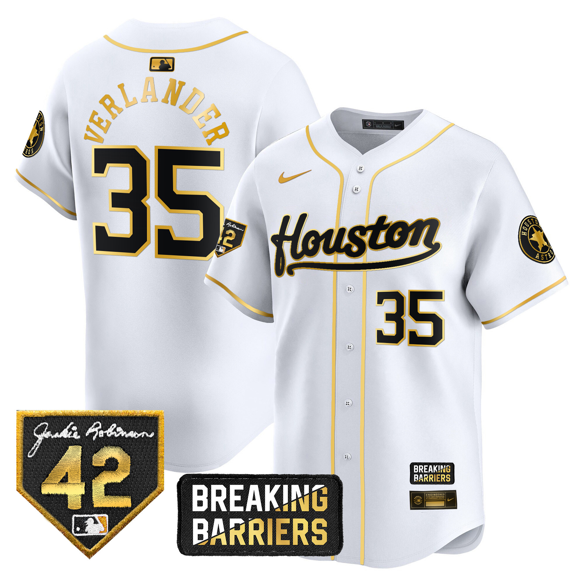 Justin Verlander Men's Houston Astros Jackie Robinson Breaking Barriers Patch Vapor Premier Limited White Gold Jersey - All Stitched