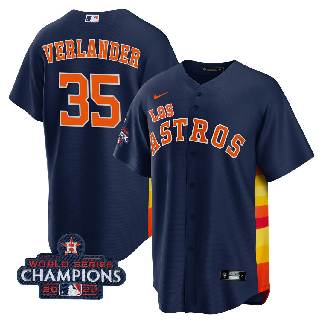 Justin Verlander Men's Houston Astros "Los Houston Astros" Hispanic Heritage Champions Patch Navy Jersey - All Stitched