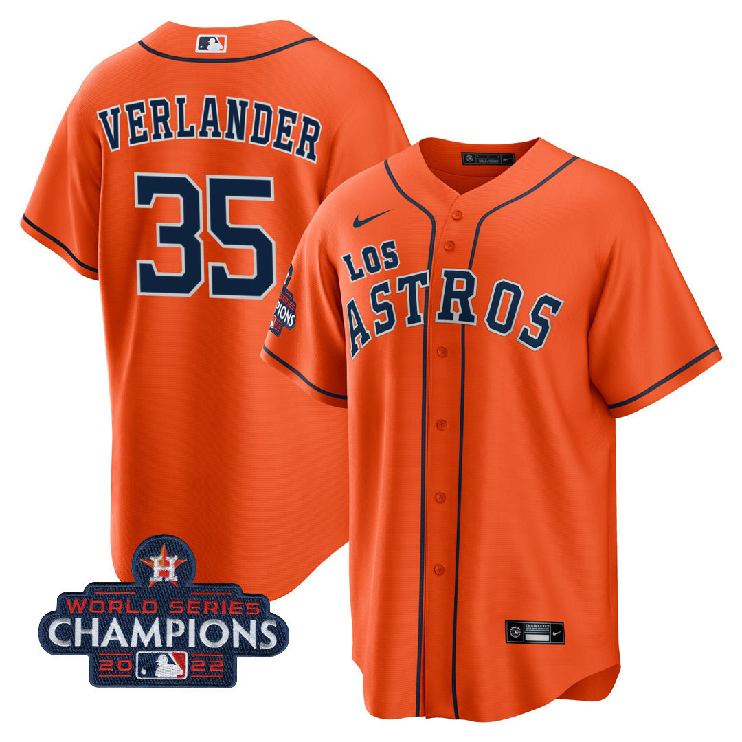 Justin Verlander Men's Houston Astros "Los Houston Astros" Hispanic Heritage Champions Patch Orange Jersey - All Stitched