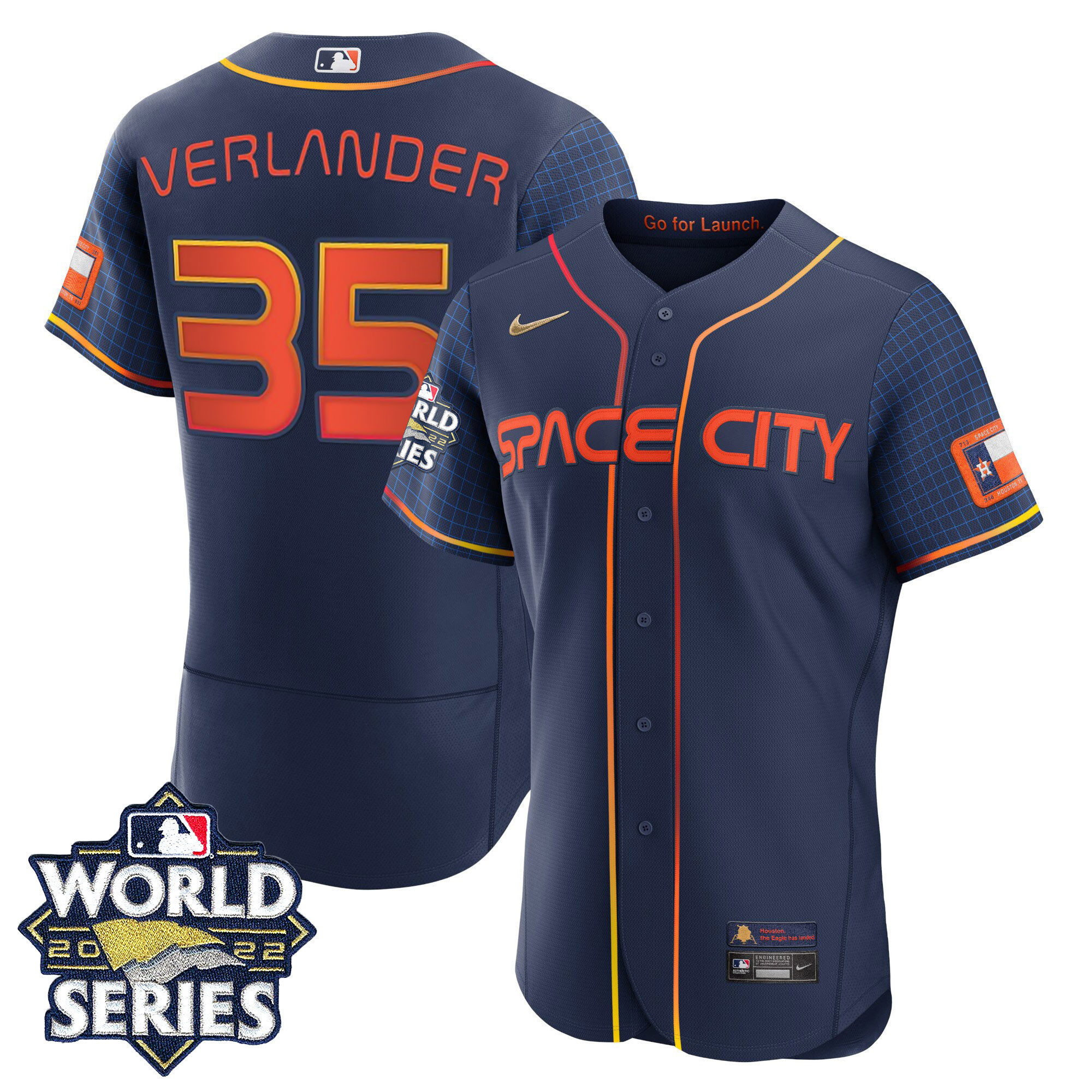 Justin Verlander Men's Houston Astros Space City Gold 2022 World Series Flex Navy Jersey - All Stitched