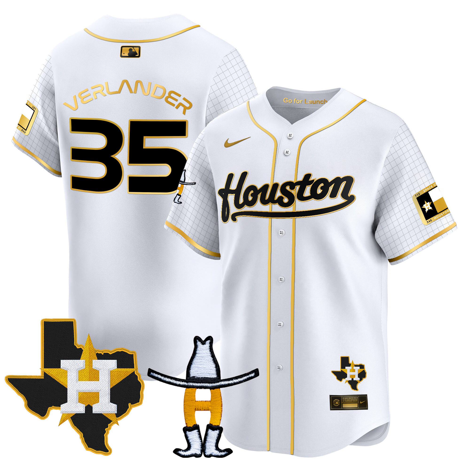 Justin Verlander Men's Houston Astros Space City Houston Rodeo Patch Vapor Premier Limited White Gold Jersey - All Stitched