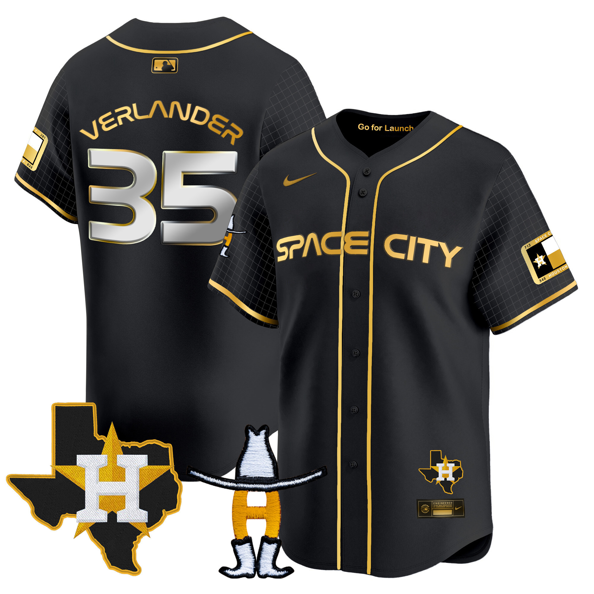 Justin Verlander Men's Houston Astros Space City Texas Patch Vapor Premier Limited Black Gold Jersey - All Stitched