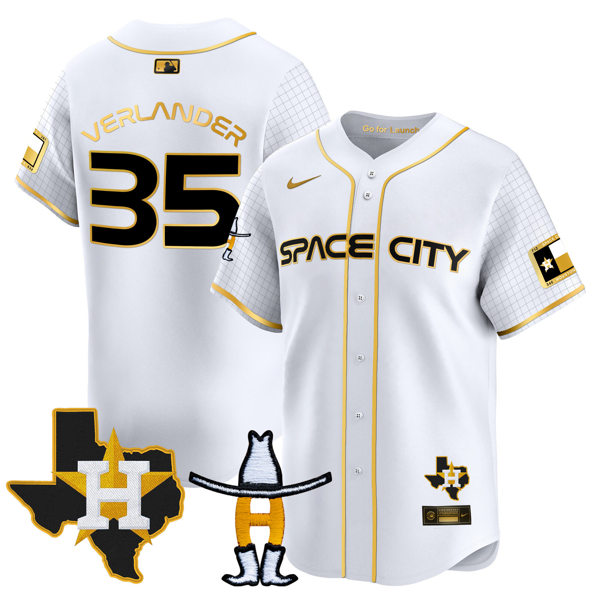 Justin Verlander Men's Houston Astros Space City Texas Patch Vapor Premier Limited White Gold Jersey - All Stitched