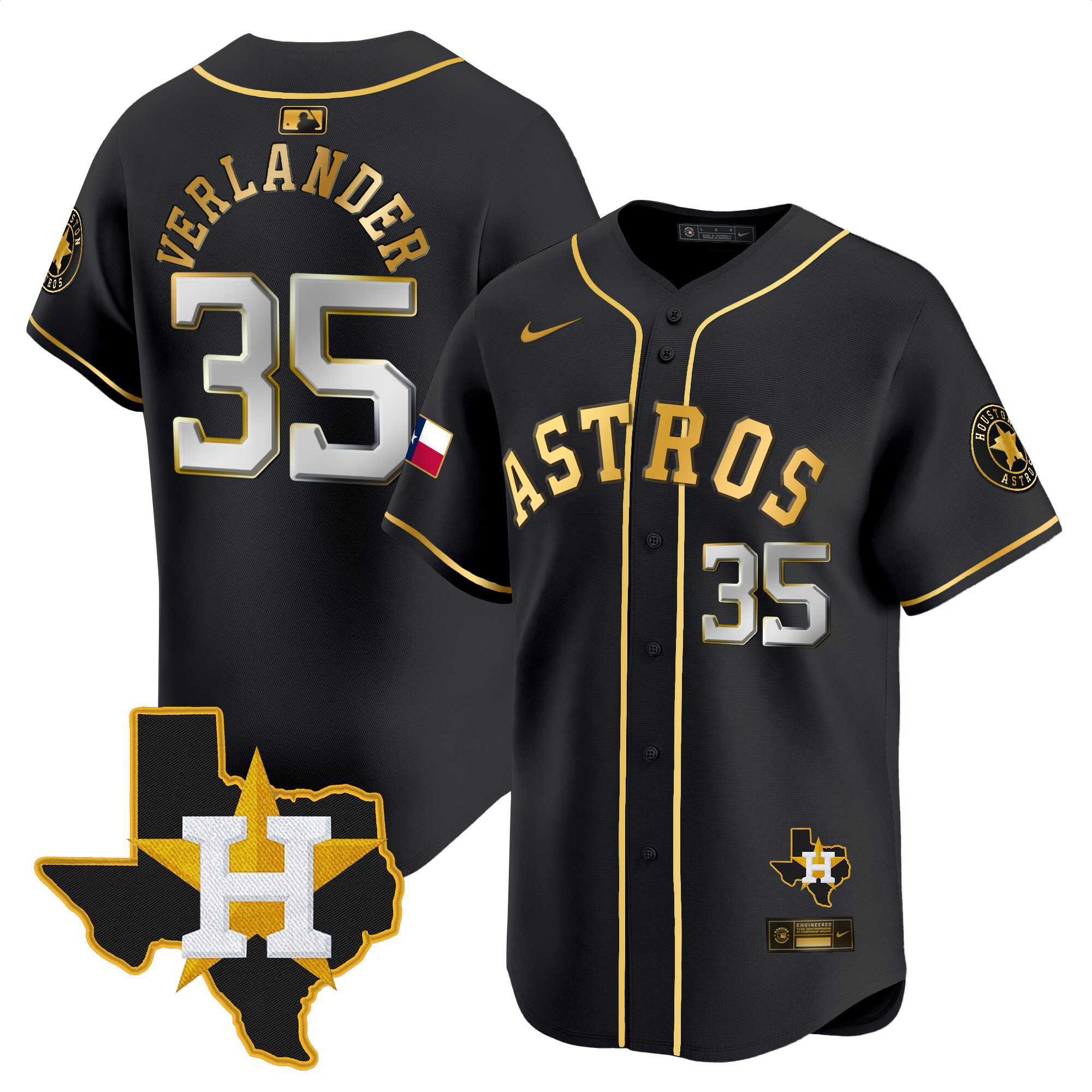 Justin Verlander Men's Houston Astros Texas Patch Vapor Premier Limited Black Gold Jersey - All Stitched