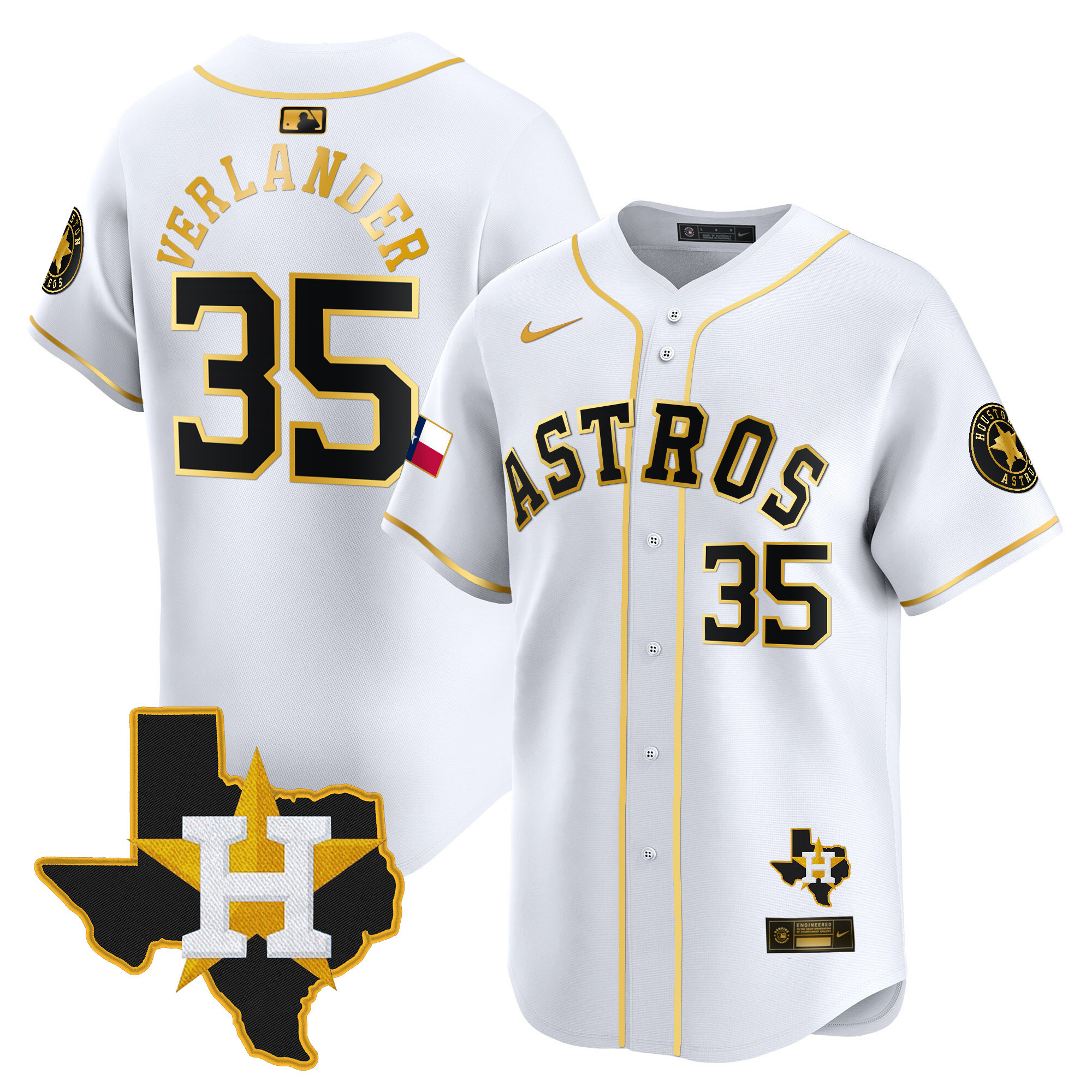 Justin Verlander Men's Houston Astros Texas Patch Vapor Premier Limited White Gold Jersey - All Stitched