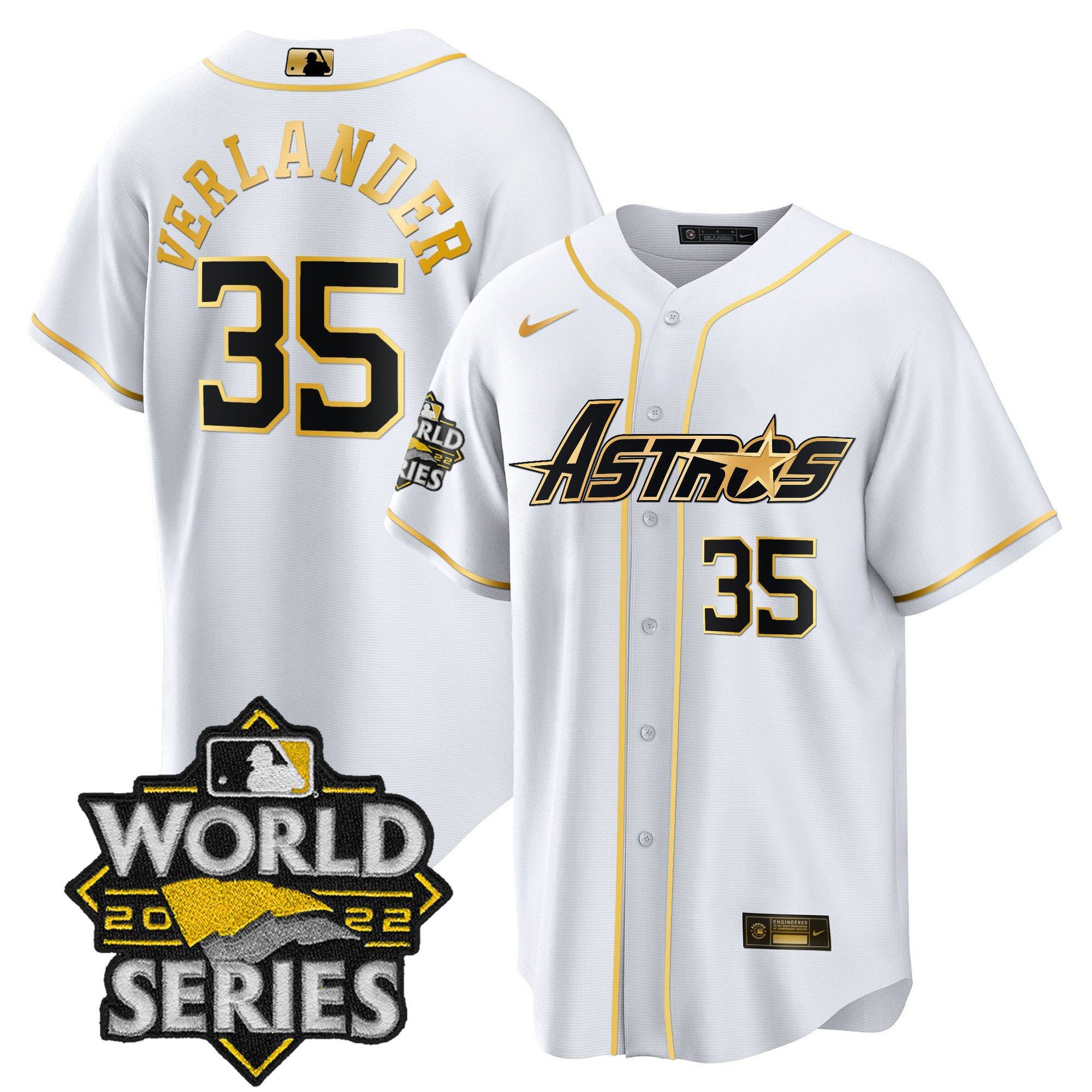 Justin Verlander Men's Houston Astros World Series & Throwback Patch Gold Cool White Jersey - All Stitched