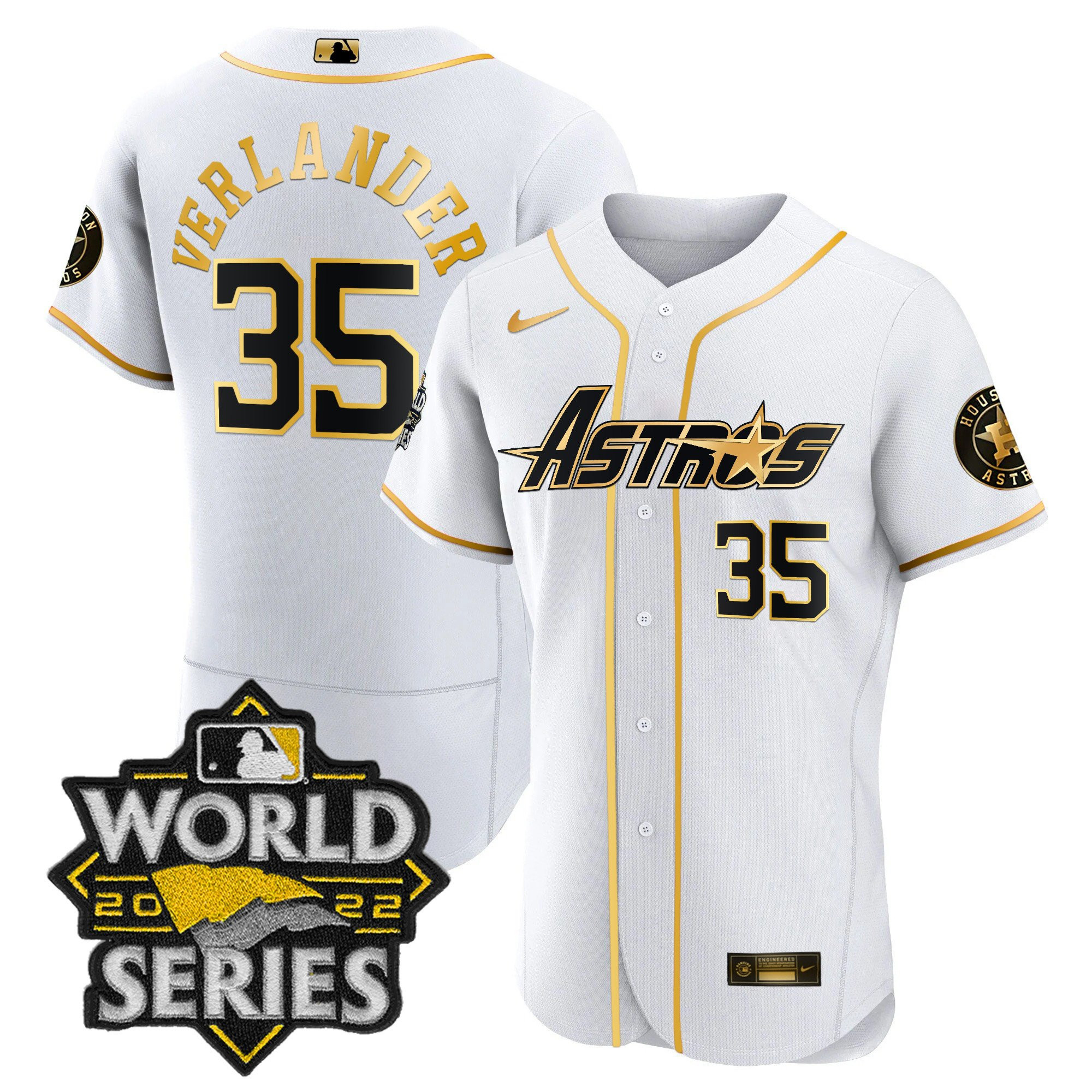 Justin Verlander Men's Houston Astros World Series & Throwback Patch Gold Flex White Jersey - All Stitched