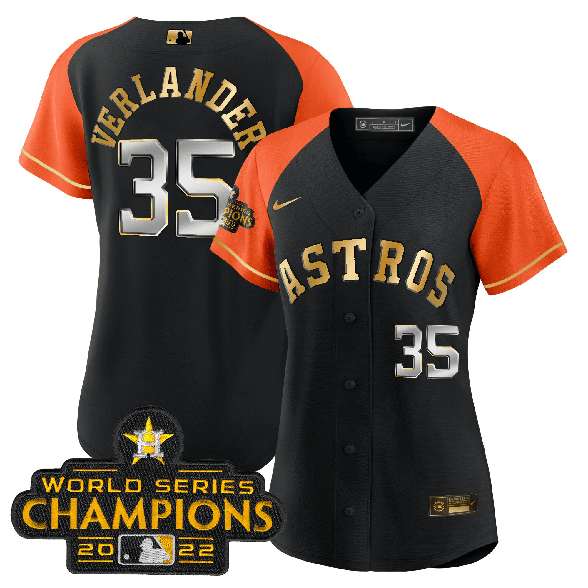 Justin Verlander Women's Houston Astros 2023 Gold Alternate Baseball Orange Sleeves Jersey - All Stitched