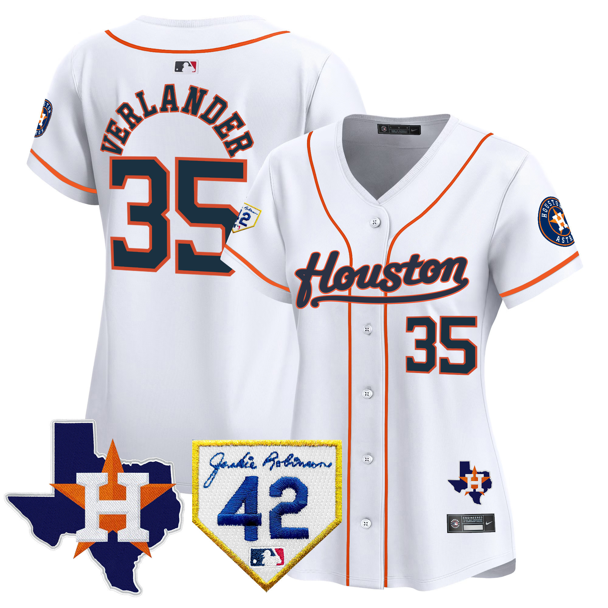 Justin Verlander Women's Houston Astros 2024 Jackie Robinson Patch Vapor Premier Limited Home Jersey - All Stitched