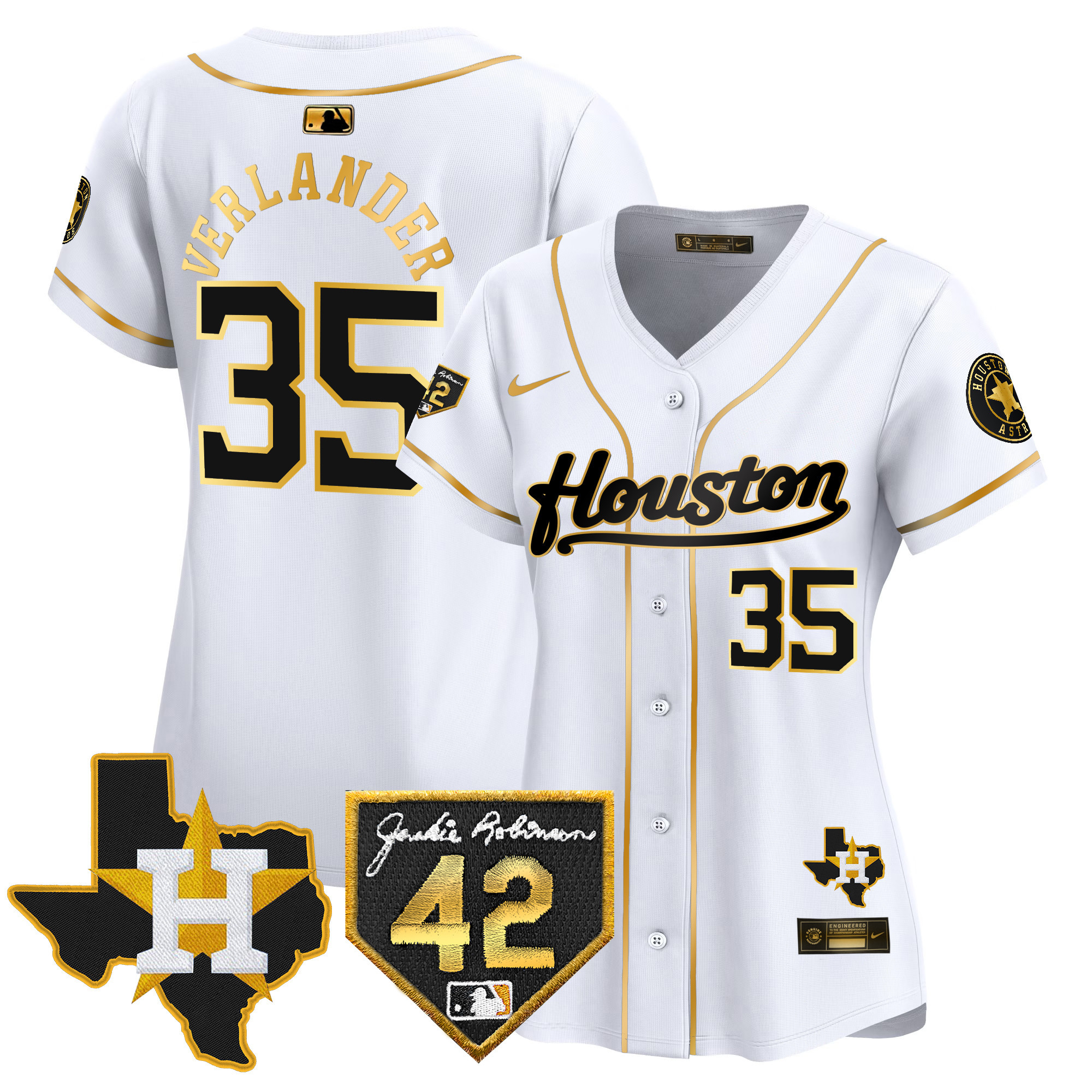 Justin Verlander Women's Houston Astros 2024 Jackie Robinson Patch Vapor Premier Limited White Gold Jersey - All Stitched