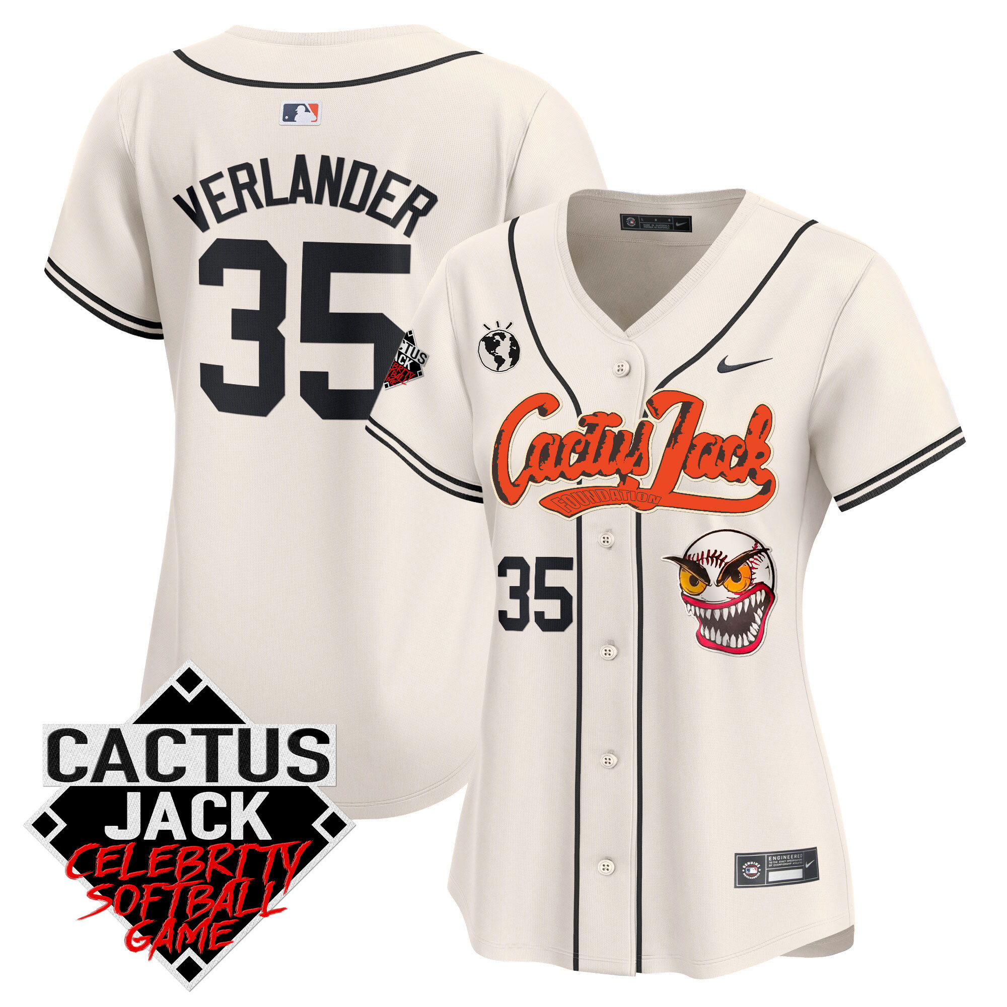 Justin Verlander Women's Houston Astros Cactus Jack Celebrity Softball Game Patch Vapor Premier Limited Cream Jersey - All Stitched
