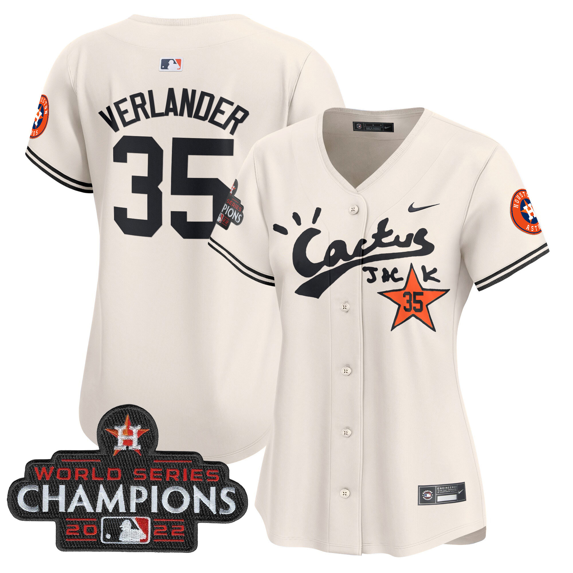 Justin Verlander Women's Houston Astros Cactus Jack Champions Patch Vapor Premier Limited Cream Jersey - All Stitched