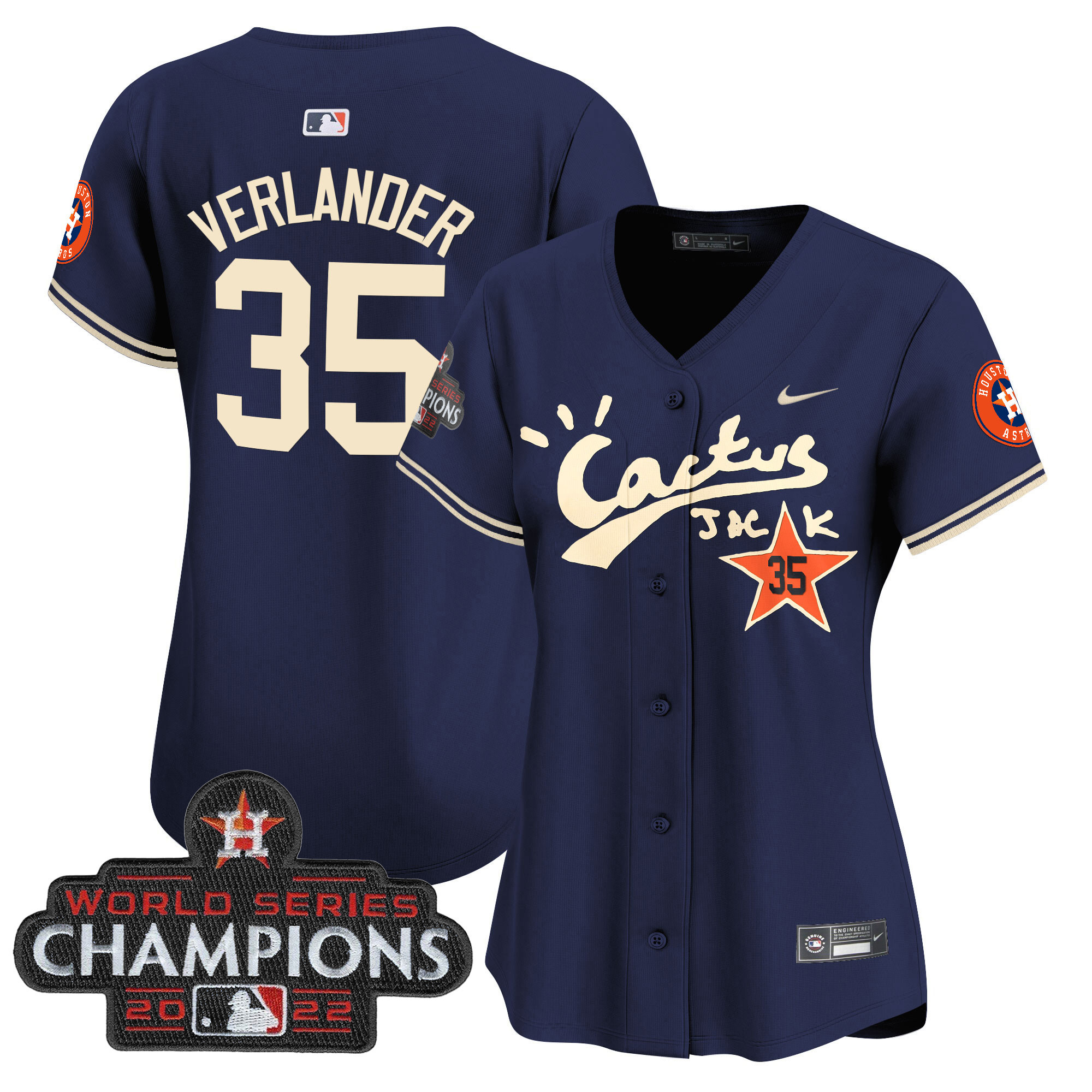 Justin Verlander Women's Houston Astros Cactus Jack Champions Patch Vapor Premier Limited Navy Jersey - All Stitched