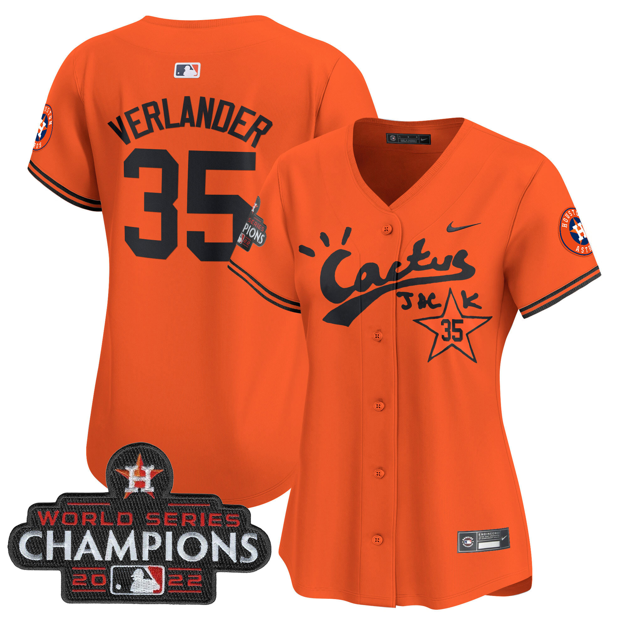 Justin Verlander Women's Houston Astros Cactus Jack Champions Patch Vapor Premier Limited Orange Jersey - All Stitched