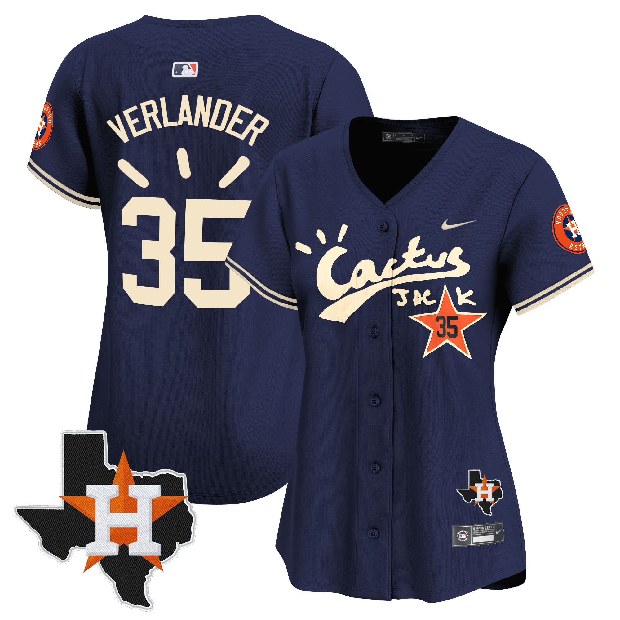 Justin Verlander Women's Houston Astros Cactus Jack Patch Vapor Premier Limited V10 Navy Jersey - All Stitched