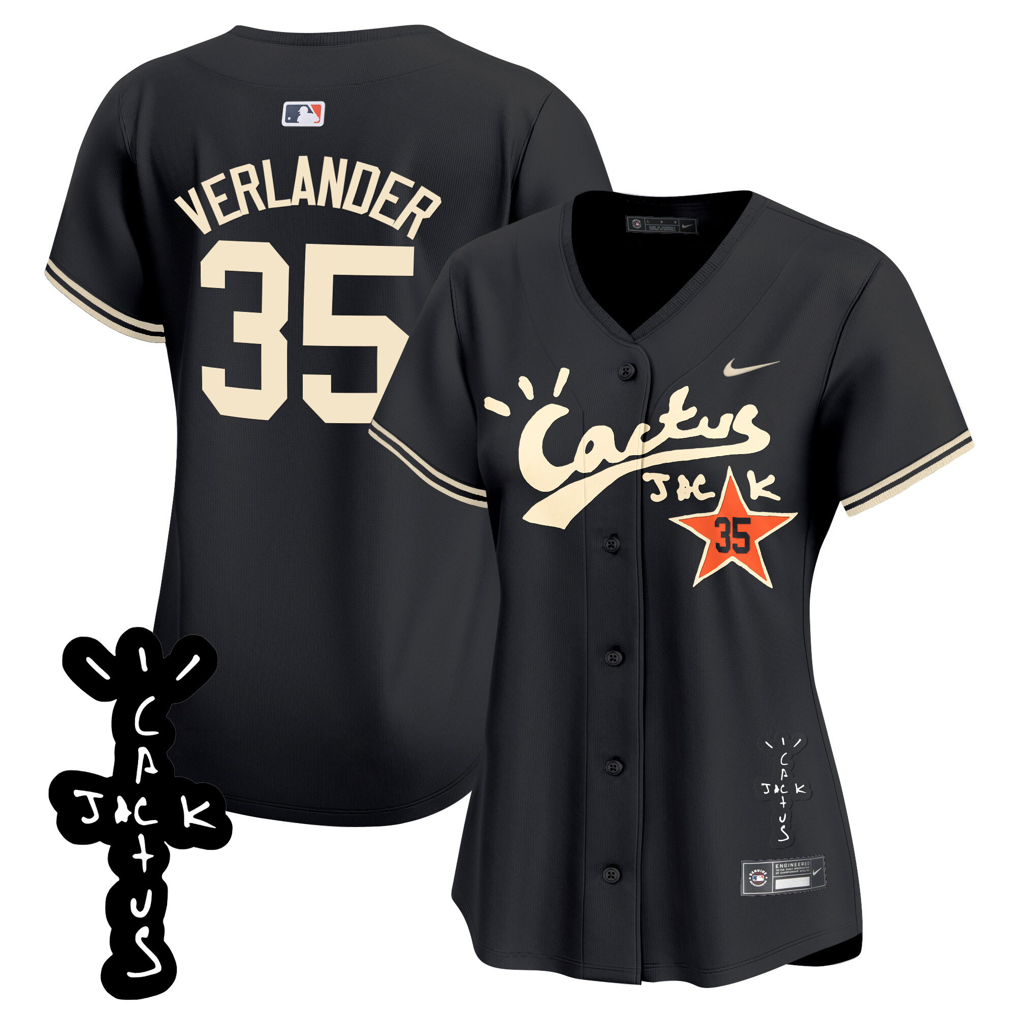 Justin Verlander Women's Houston Astros Cactus Jack Patch Vapor Premier Limited V2 Black Jersey - All Stitched