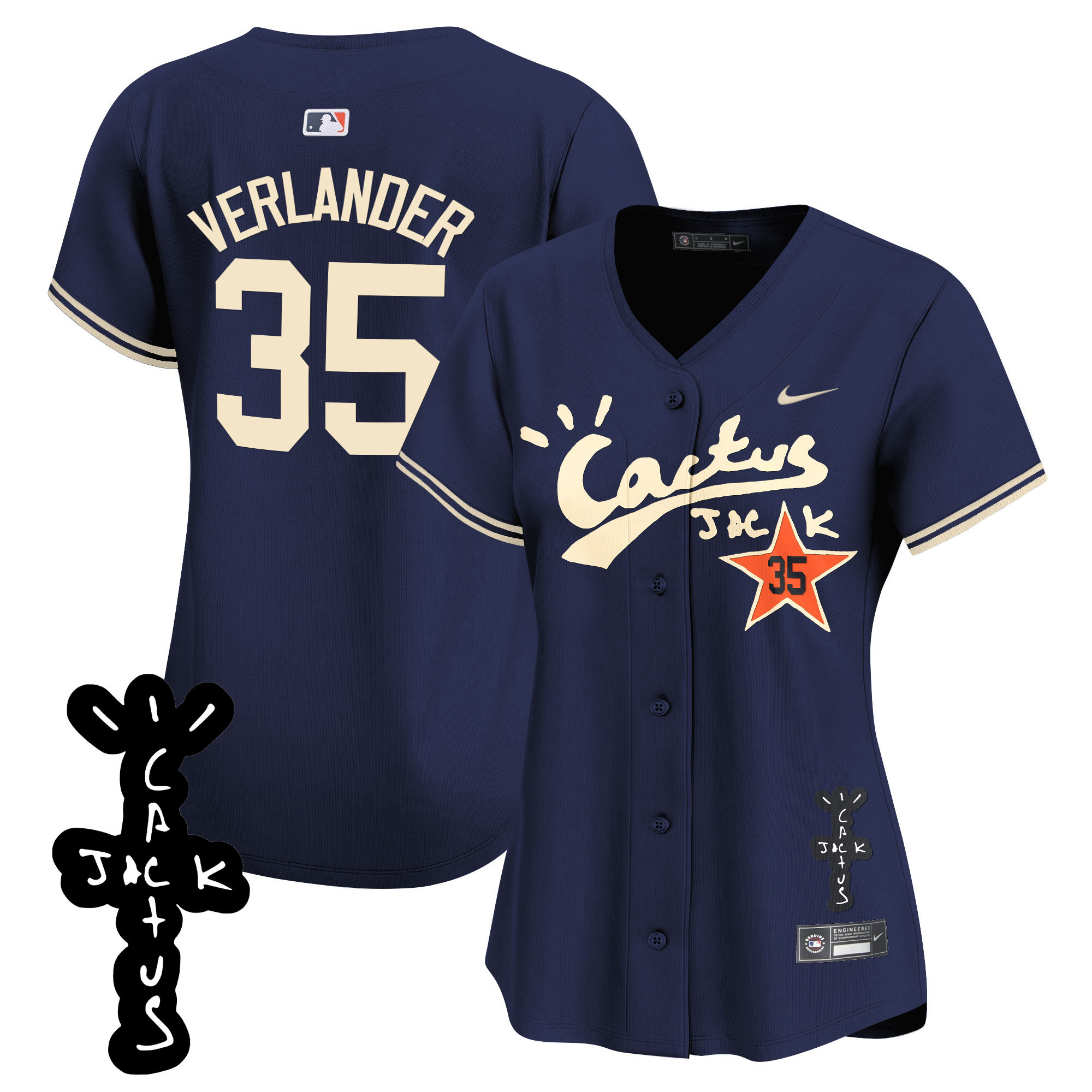 Justin Verlander Women's Houston Astros Cactus Jack Patch Vapor Premier Limited V2 Navy Jersey - All Stitched
