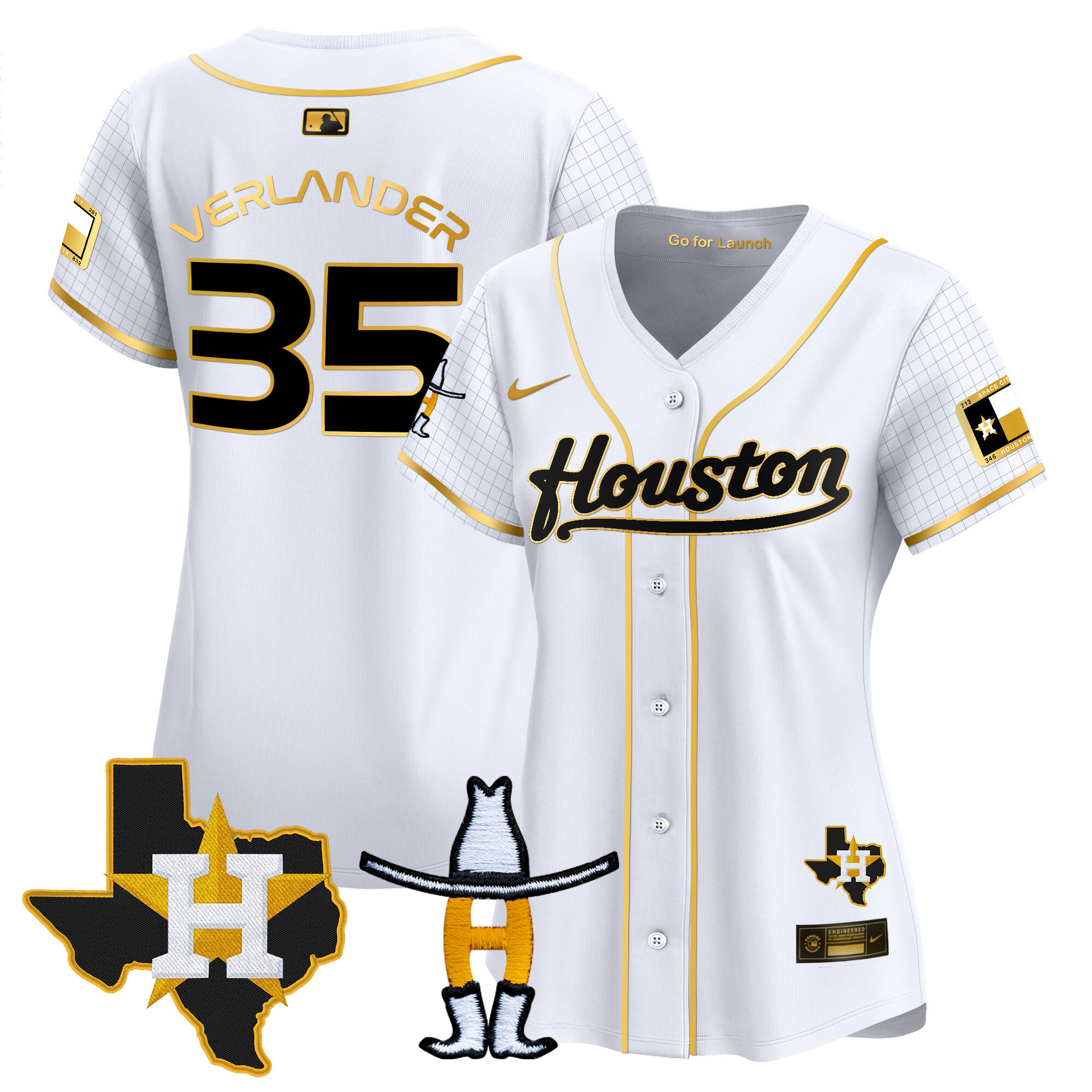 Justin Verlander Women's Houston Astros Space City Houston Rodeo Patch Vapor Premier Limited White Gold Jersey - All Stitched