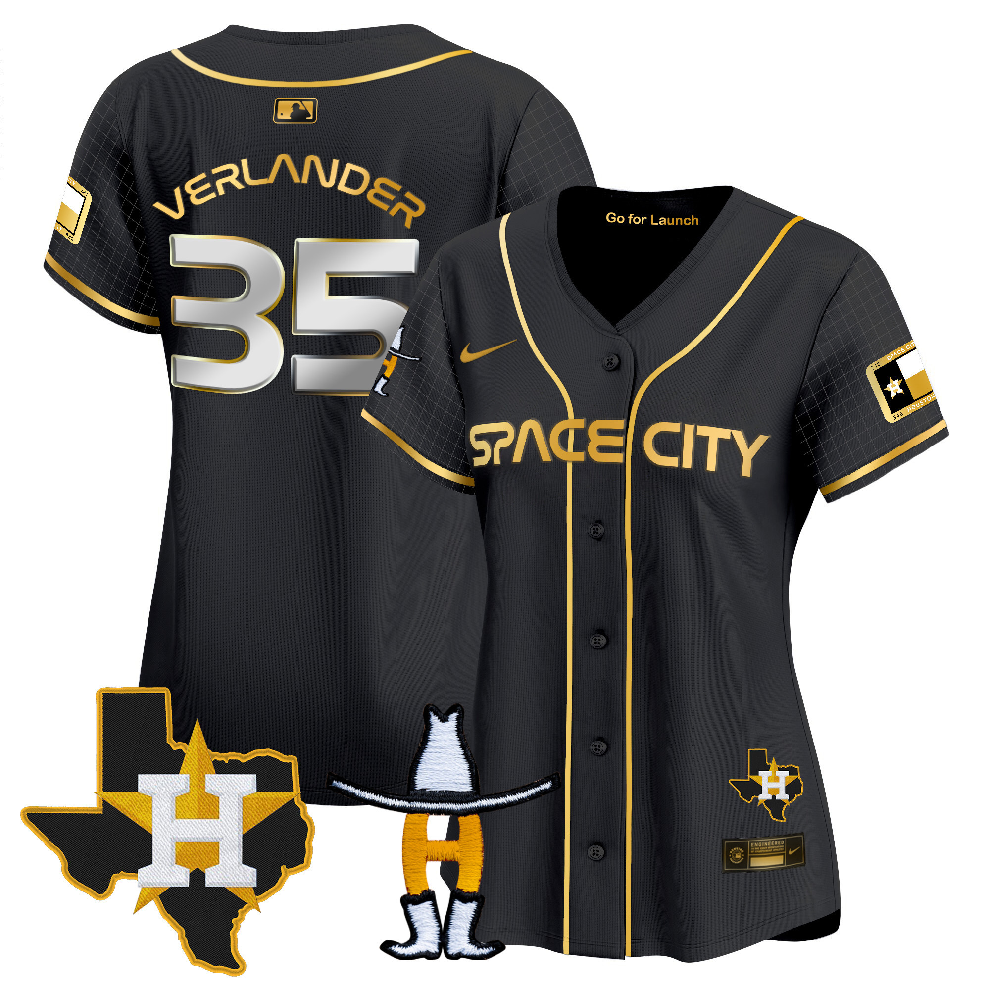 Justin Verlander Women's Houston Astros Space City Texas Patch Vapor Premier Limited Black Gold Jersey - All Stitched