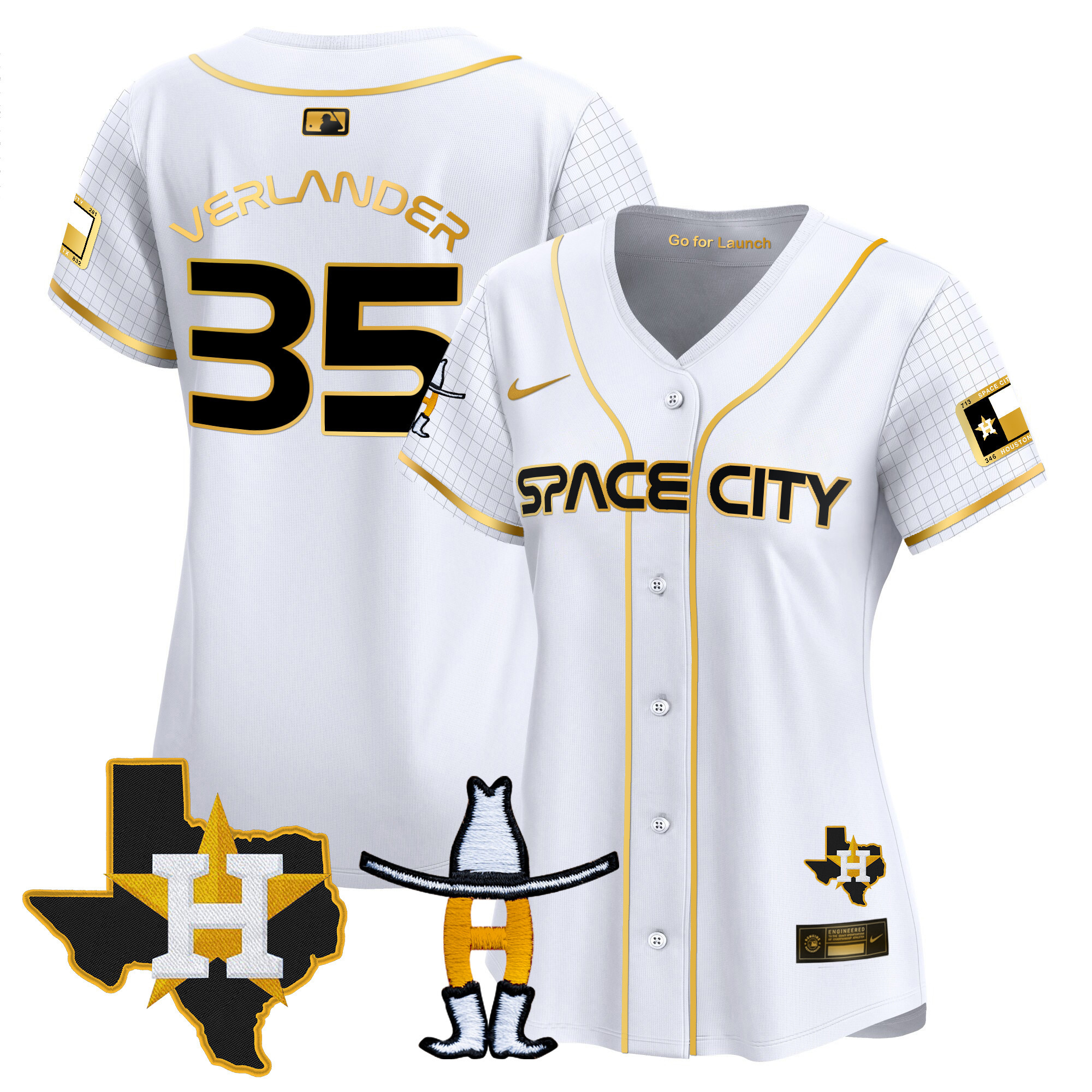 Justin Verlander Women's Houston Astros Space City Texas Patch Vapor Premier Limited White Gold Jersey - All Stitched