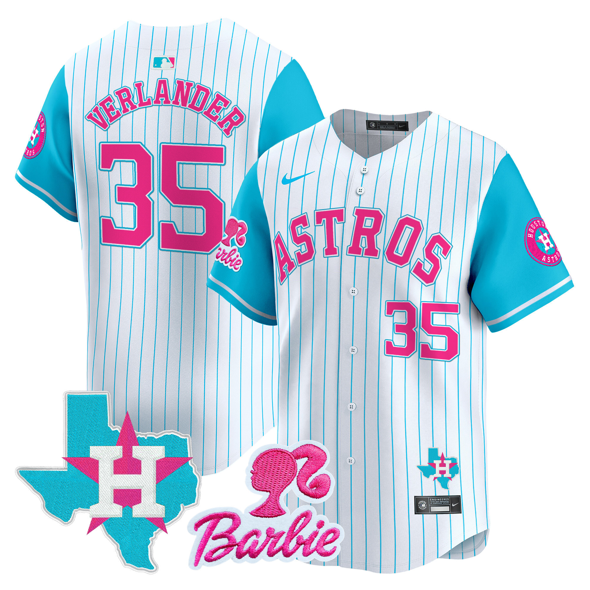 Justin VerlanderUnisex Houston Astros Barbie Patch Vapor Premier Limited Pinstripe Jersey - All Stitched