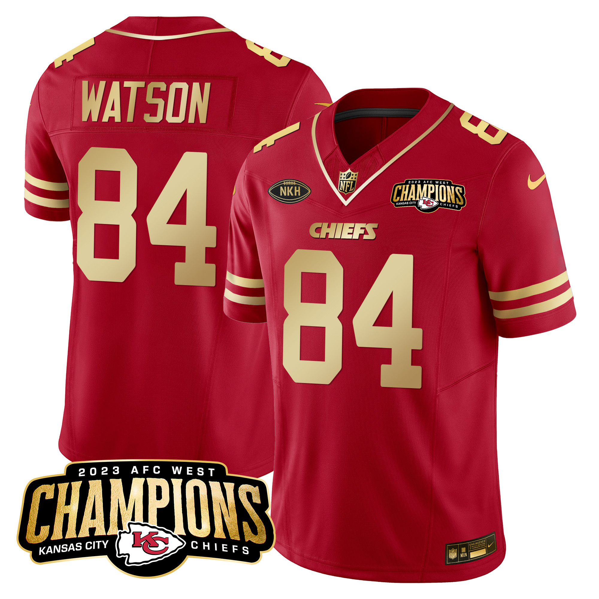 Justin Watson Men's Kansas City Chiefs 2023 AFC West Champions Patch Vapor Limited Red Gold Jersey - All Stitched 
