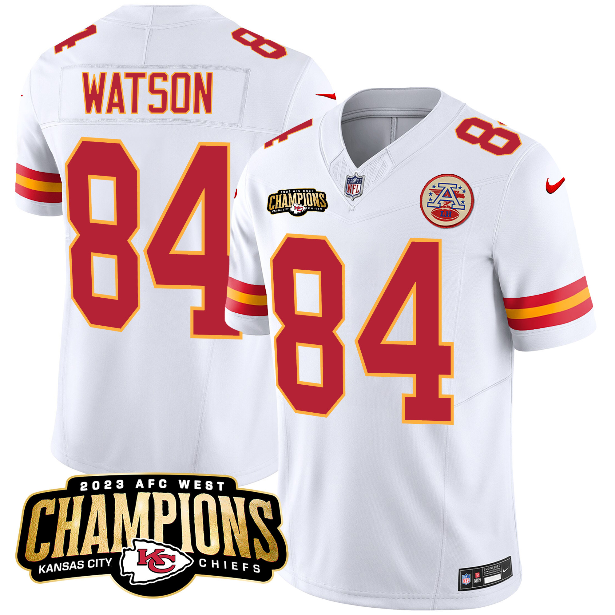 Justin Watson Men's Kansas City Chiefs 2023 AFC West Champions Patch Vapor Limited White Jersey - All Stitched 
