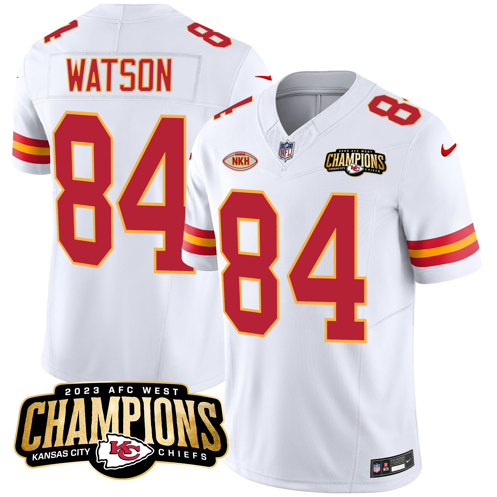 Justin Watson Men's Kansas City Chiefs 2023 AFC West Champions Patch Vapor Limited White Jersey - All Stitched 
