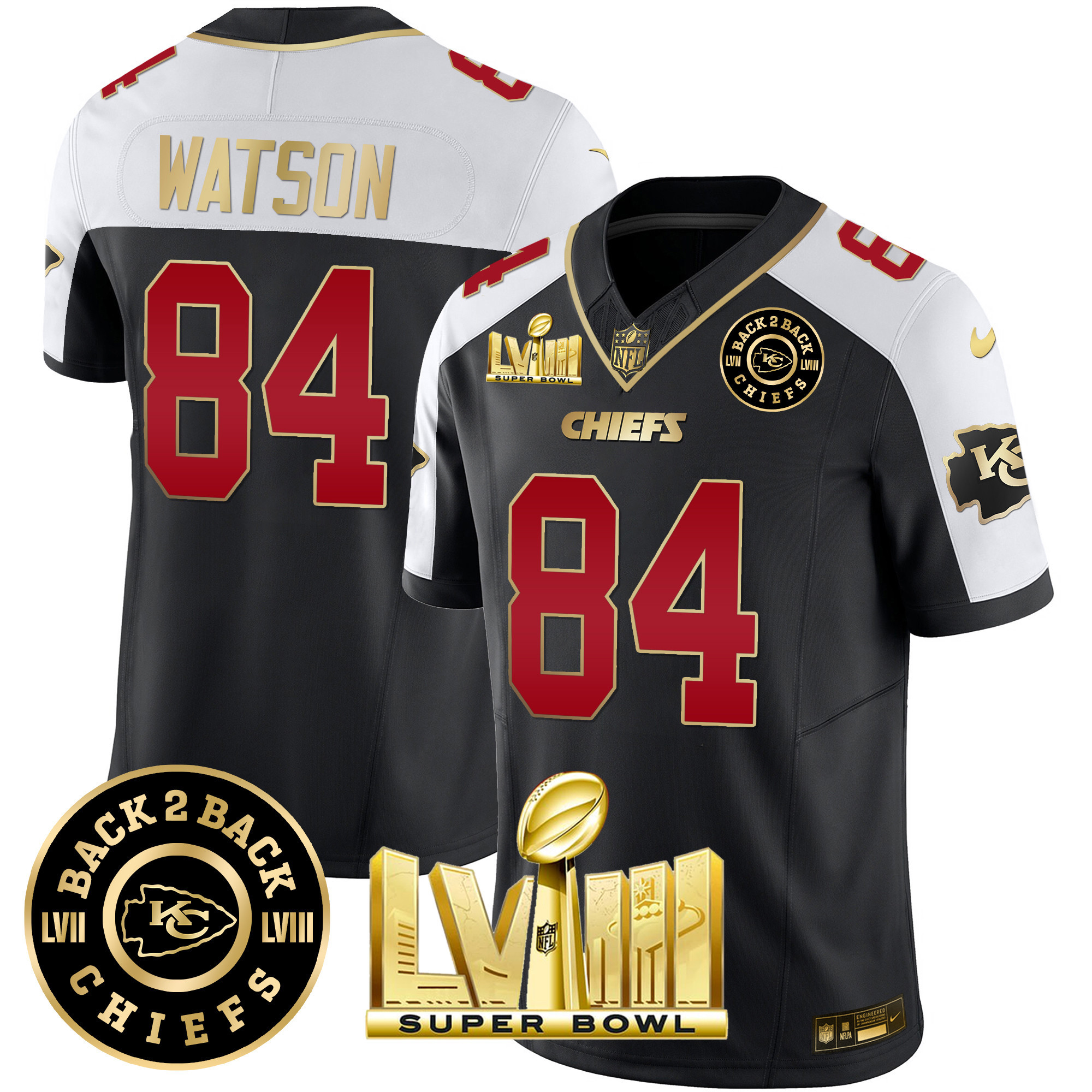 Justin Watson Men's Kansas City Chiefs Super Bowl LVIII & Back 2 Back Patch Vapor Black Alternate Jersey - All Stitched 
