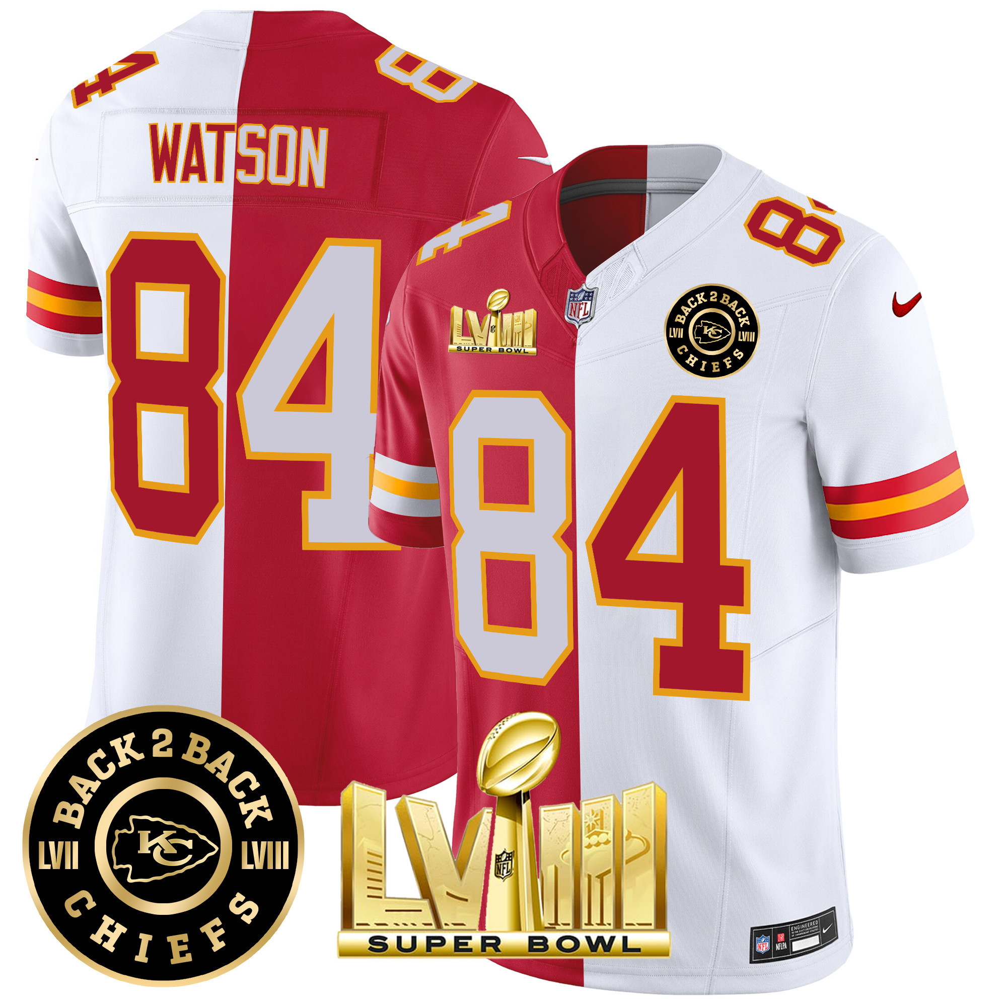 Justin Watson Men's Kansas City Chiefs Super Bowl LVIII & Back 2 Back Patch Vapor Split Jersey - All Stitched 